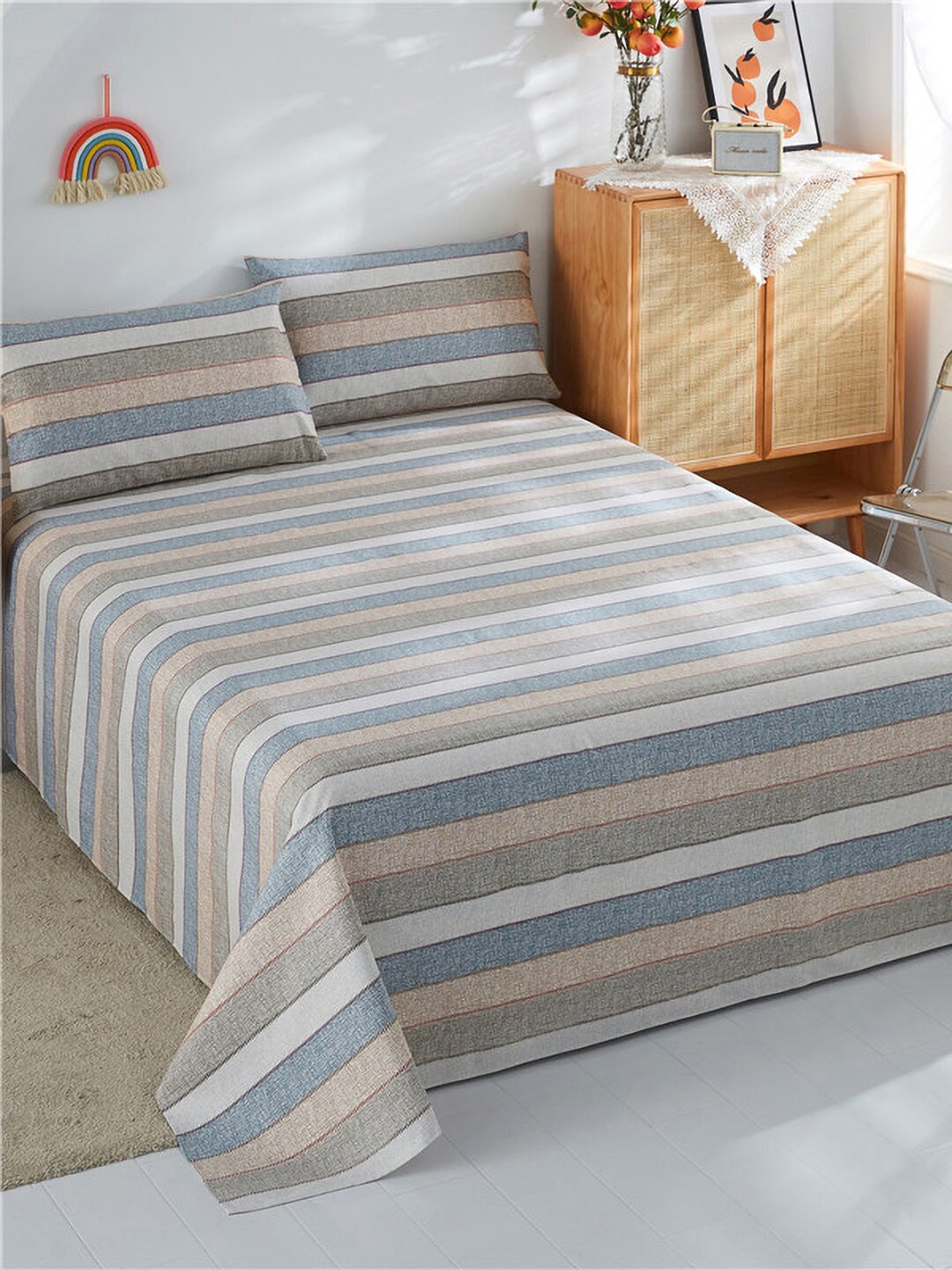 

JC HOME Grey & Blue Striped 186 TC Pure Cotton King Bedsheet With 2 Pillow Covers