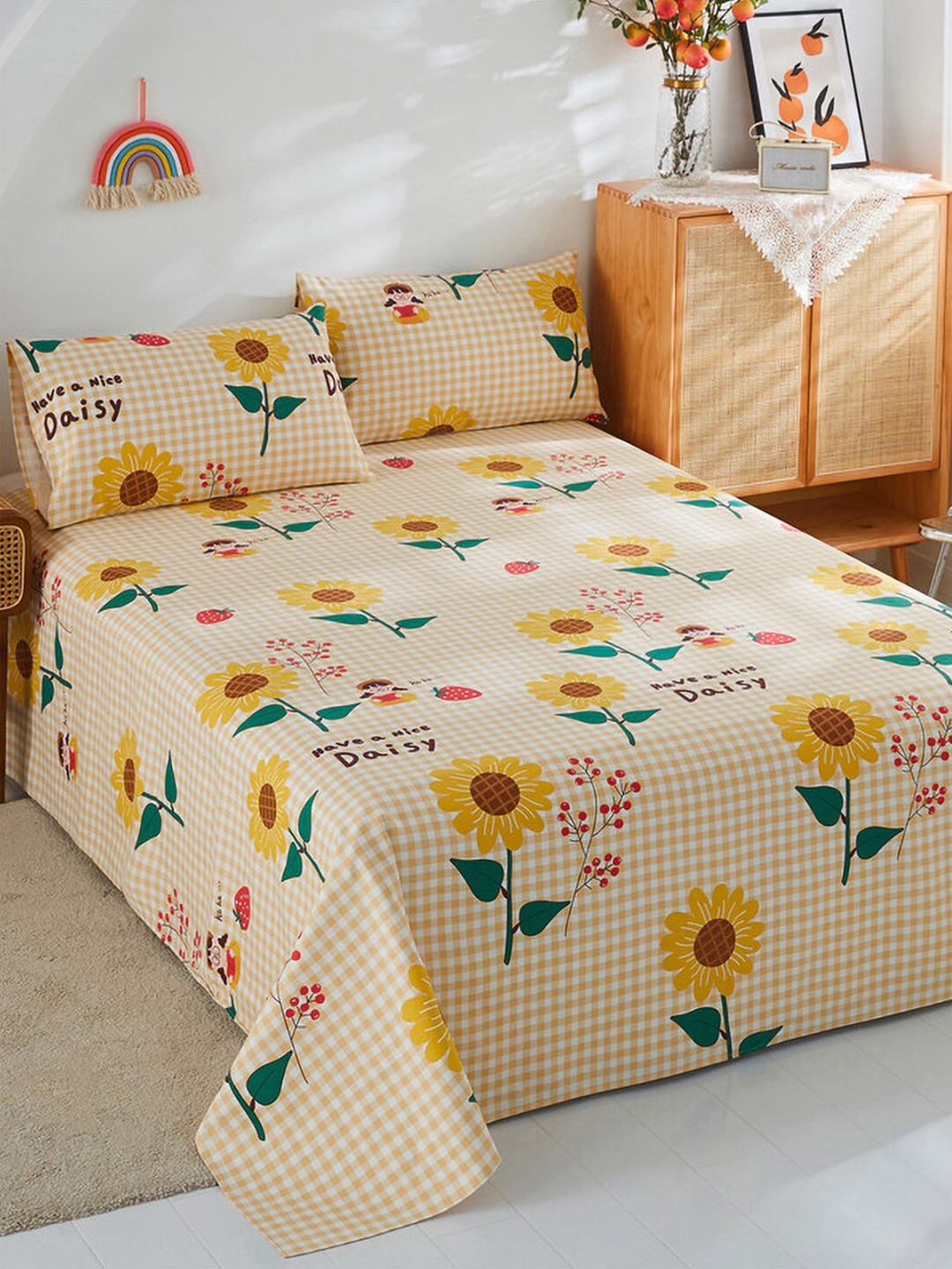 

JC HOME Yellow Green Floral 186 TC Pure Cotton King Bedsheet With 2 Pillow Covers