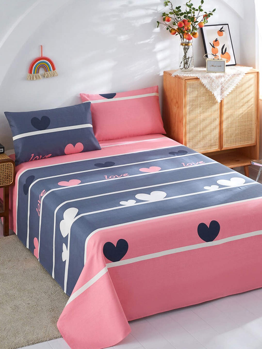 

JC HOME Blue & Pink Conversational 186 TC Cotton King Bedsheet & Pillow Covers