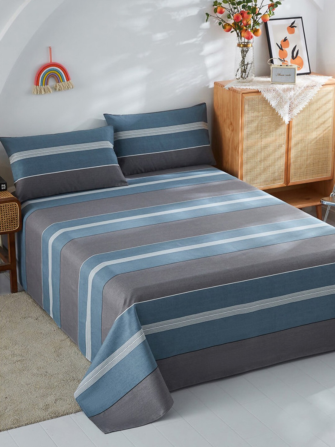 

JC HOME Blue & Grey Striped 186 TC Cotton Queen Bedsheet & Pillow Covers