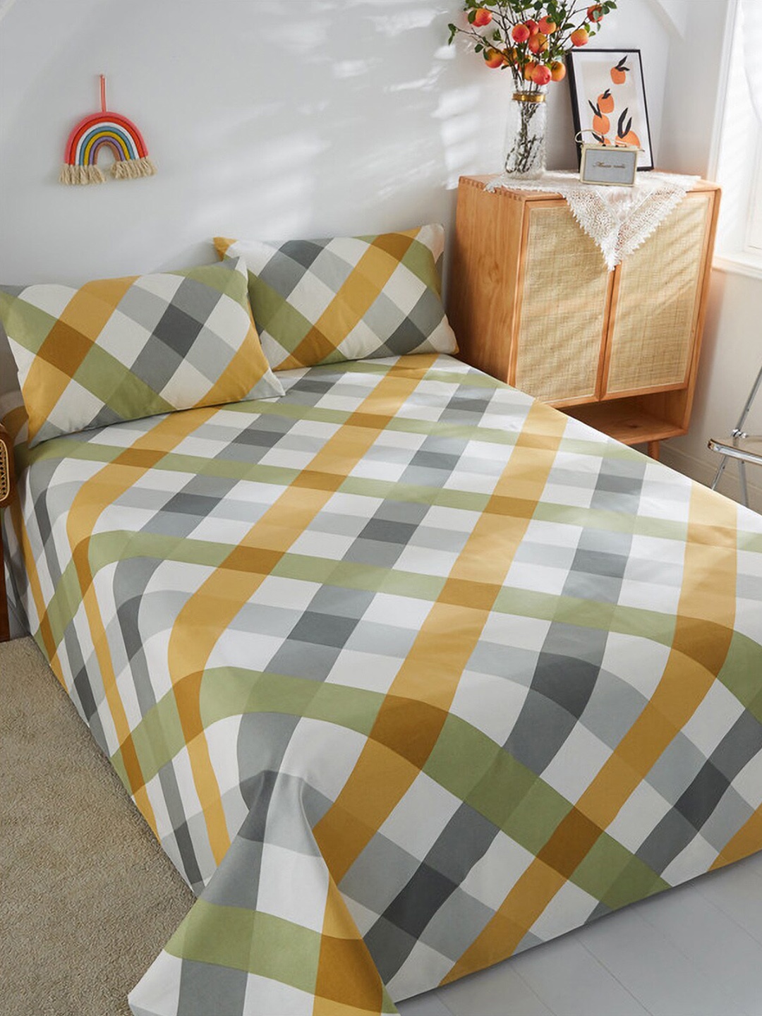 

JC Collection Yellow & Green Geometric 186 TC Pure Cotton Single Bedsheet & 1 Pillow Cover