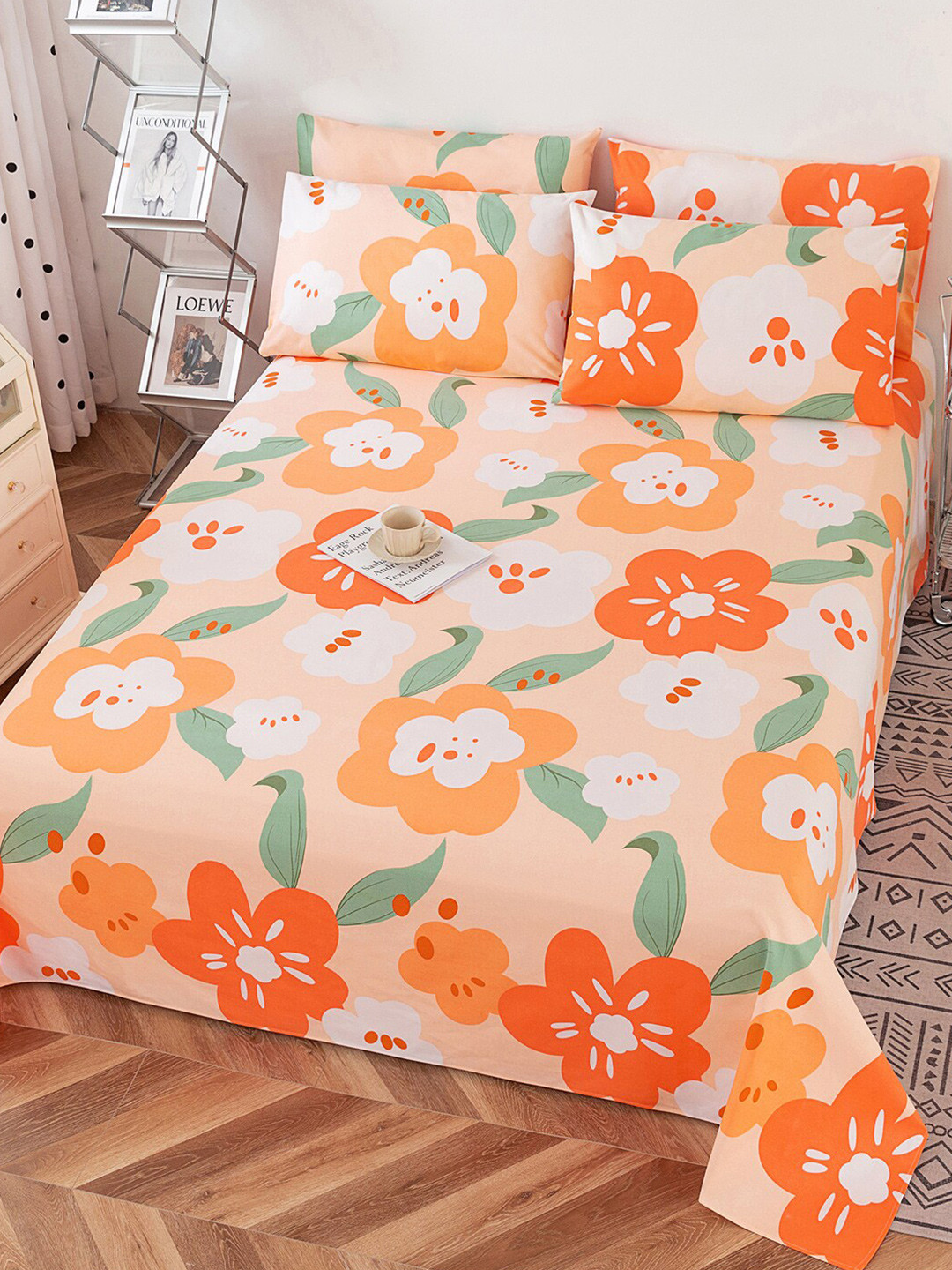 

JC Collection Orange & Green Floral Printed 220 TC Cotton Queen Bedsheet & Pillow Covers