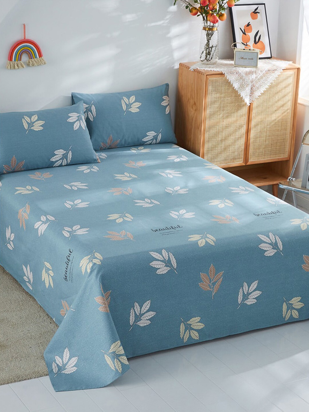 

JC HOME Blue Floral Printed 186 TC Cotton Queen Bedsheet & Pillow Covers