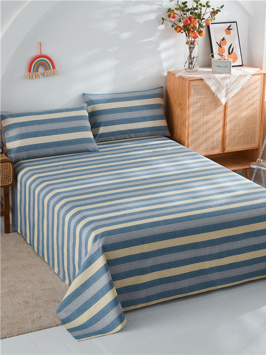 

JC Collection Blue & Beige Striped 186 TC Cotton Queen Bedsheet & Pillow Covers