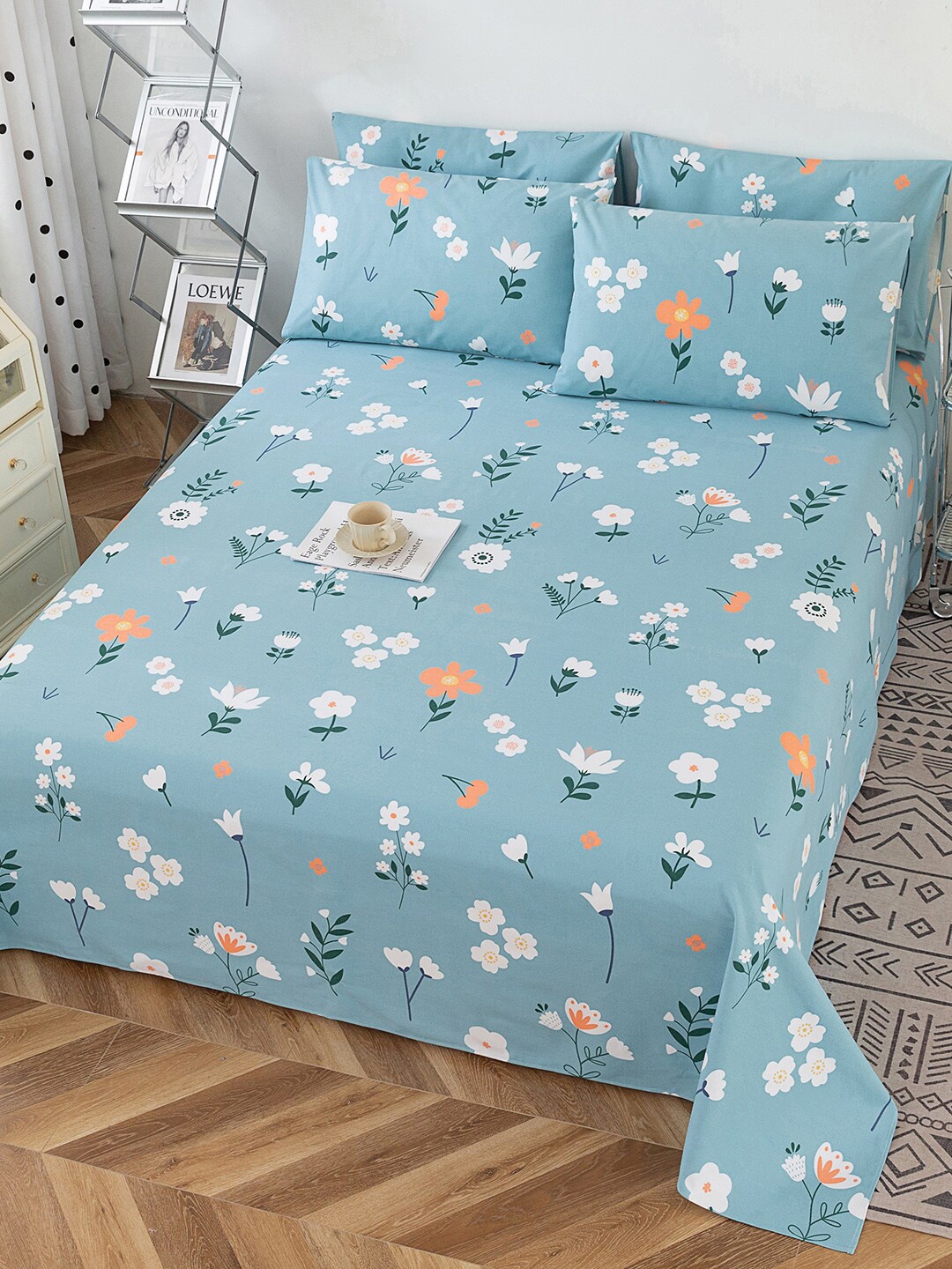 

JC HOME Blue & White Floral 220 TC Pure Cotton Single Bedsheet With 1 Pillow Cover