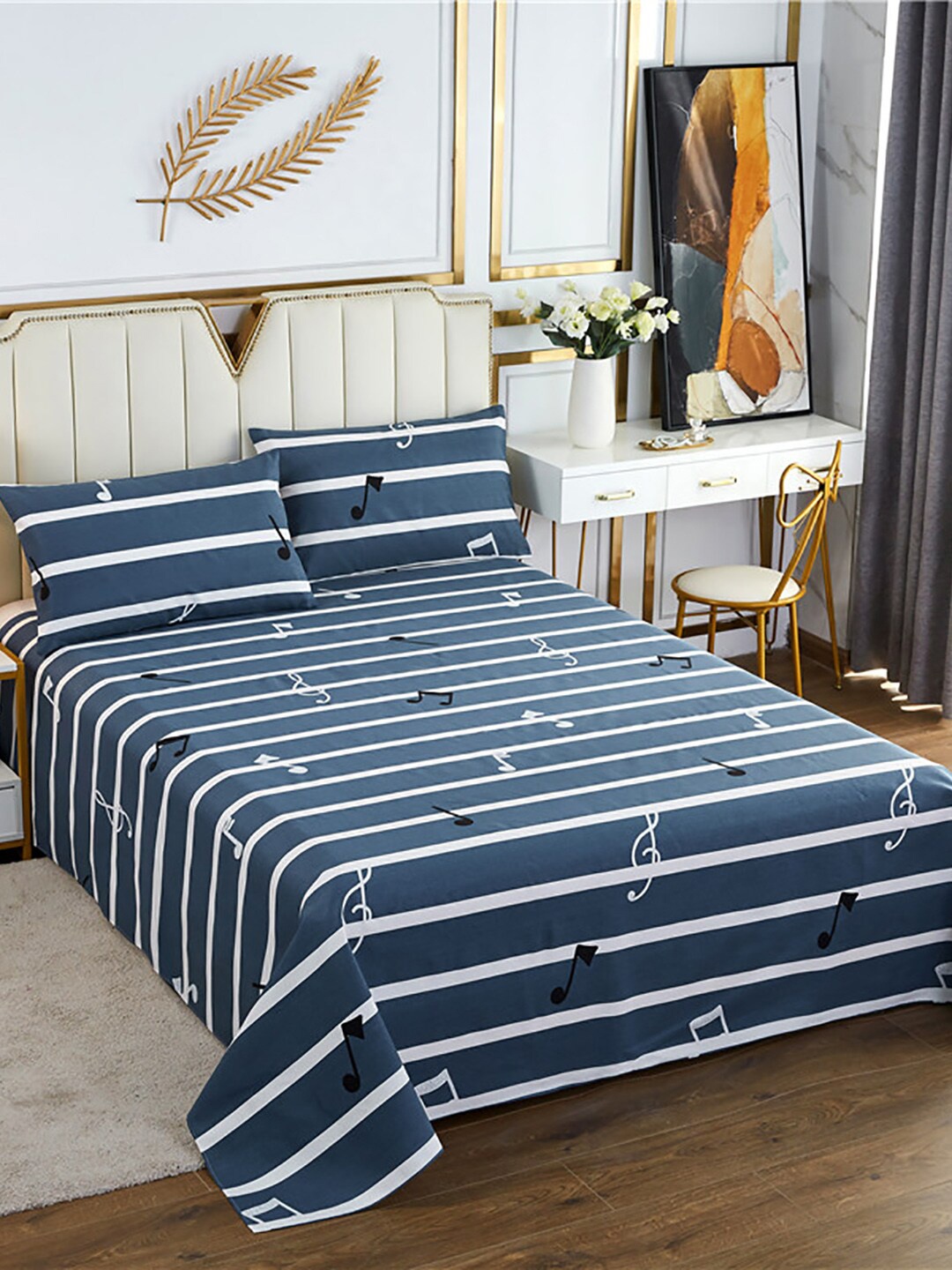 

JC Collection Blue & White Striped 186 TC Cotton Queen Bedsheet & Pillow Covers