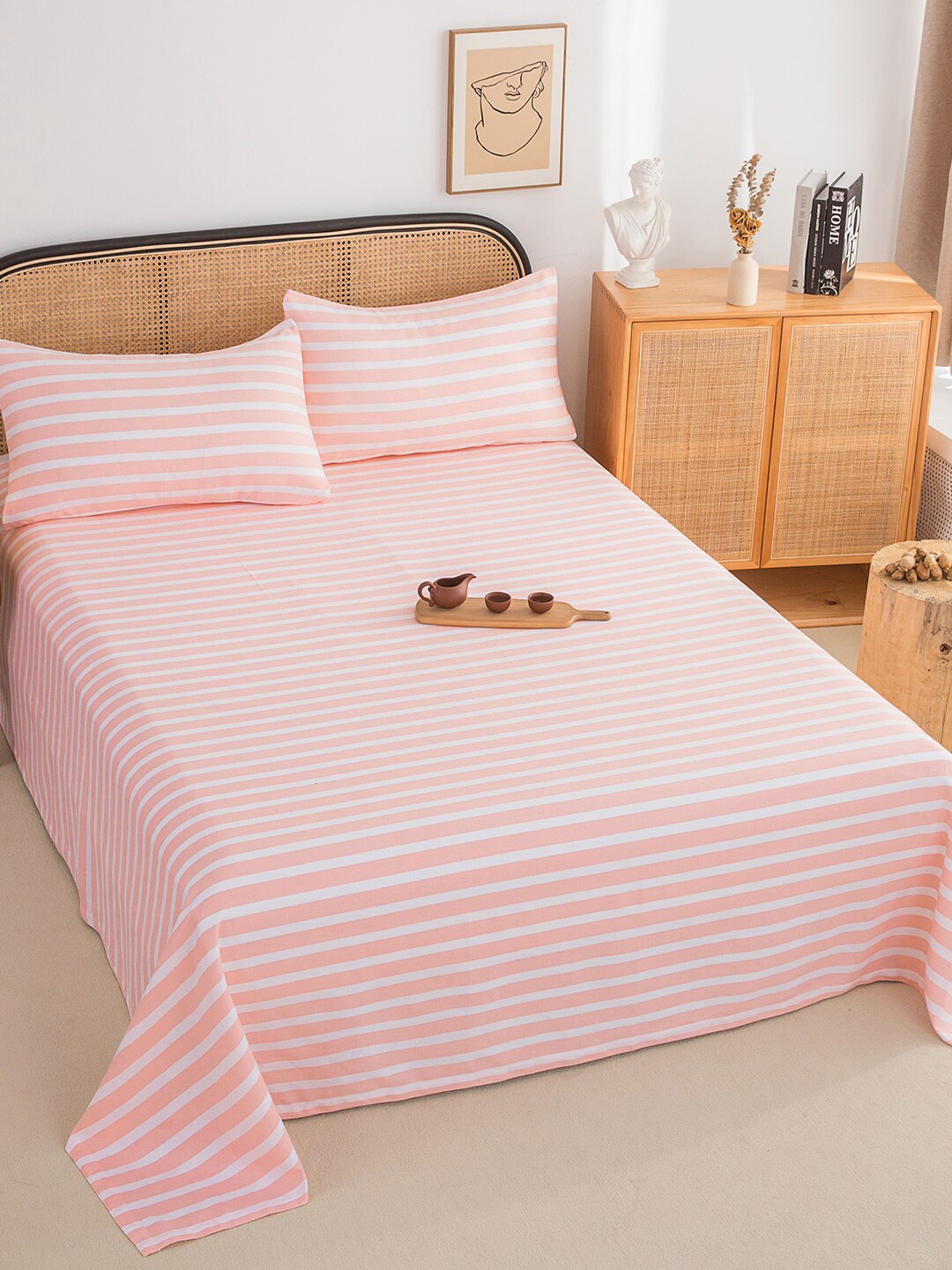 

JC HOME Pink & White Striped 220 TC Cotton King Bedsheet & Pillow Covers