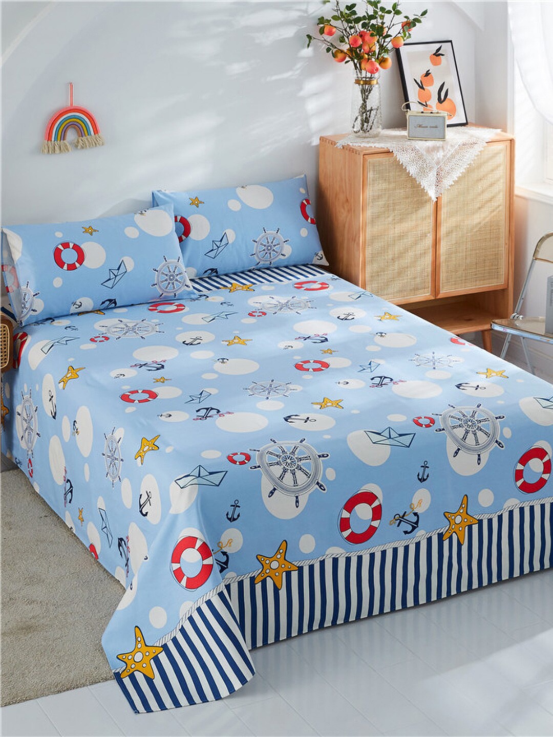 

JC Collection Blue & Red 186 TC Pure Cotton King Bedsheet With 2 Pillow Covers