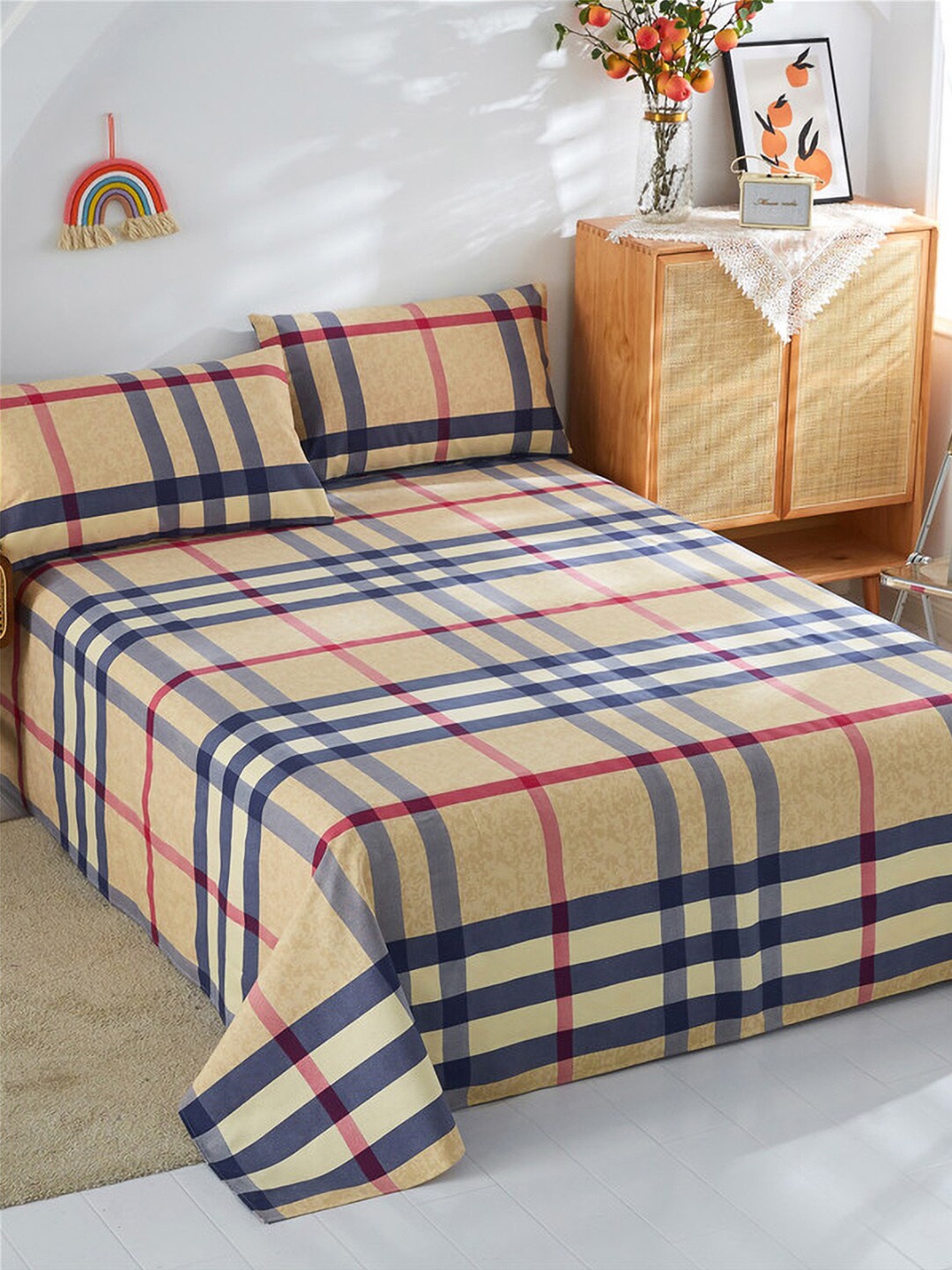 

JC Collection Khaki & Blue Geometric 186 TC Pure Cotton King Bedsheet With 2 Pillow Covers