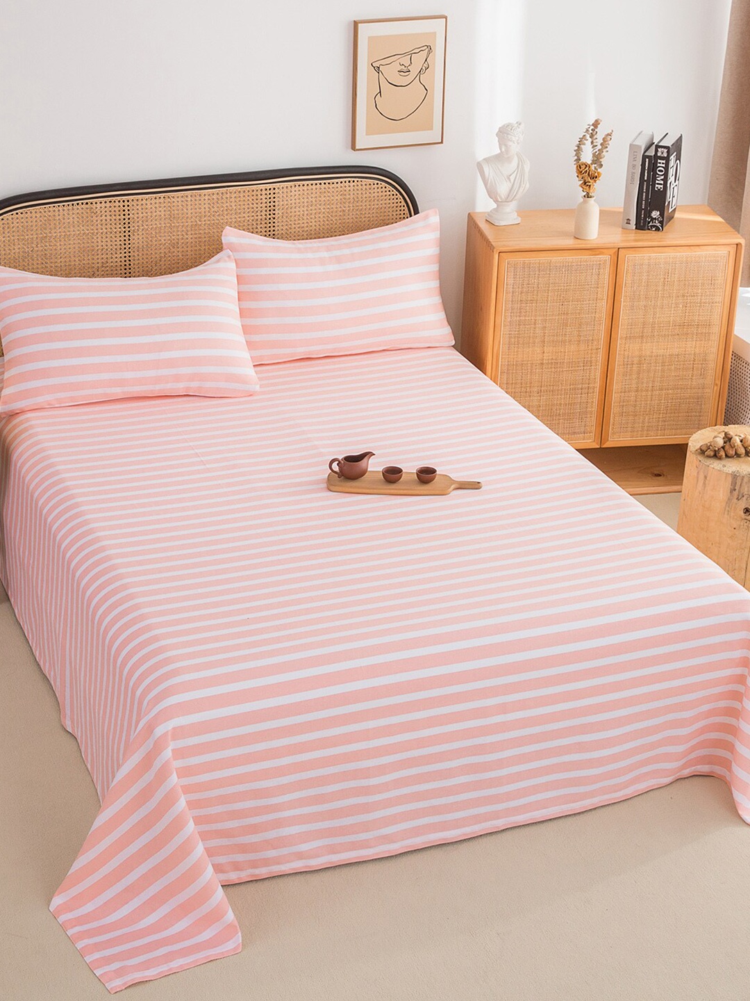 

JC HOME Pink & White Striped 220 TC Cotton Queen Bedsheet & Pillow Covers