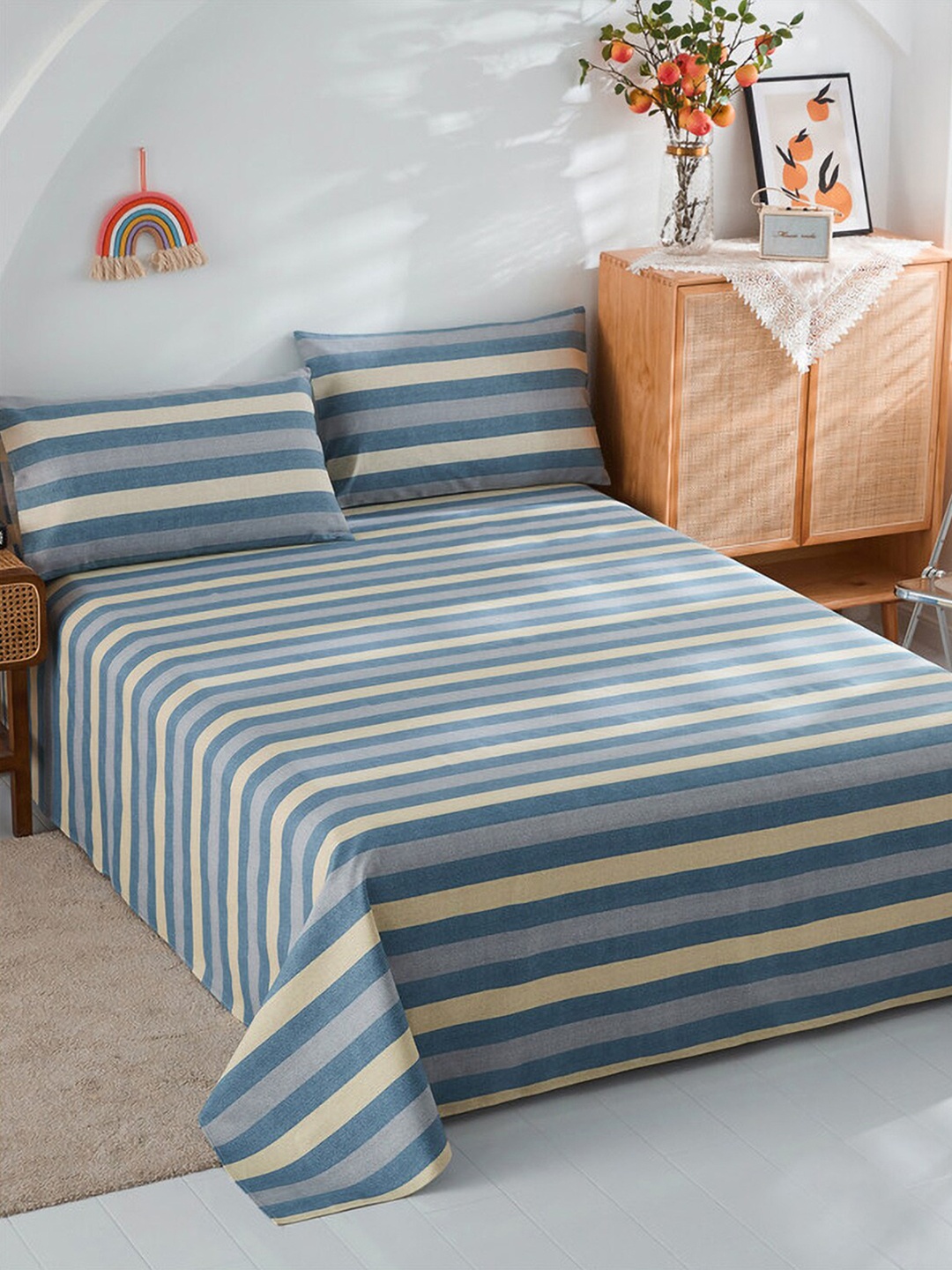 

JC Collection Blue & Beige Striped 186 TC Cotton King Bedsheet & Pillow Covers