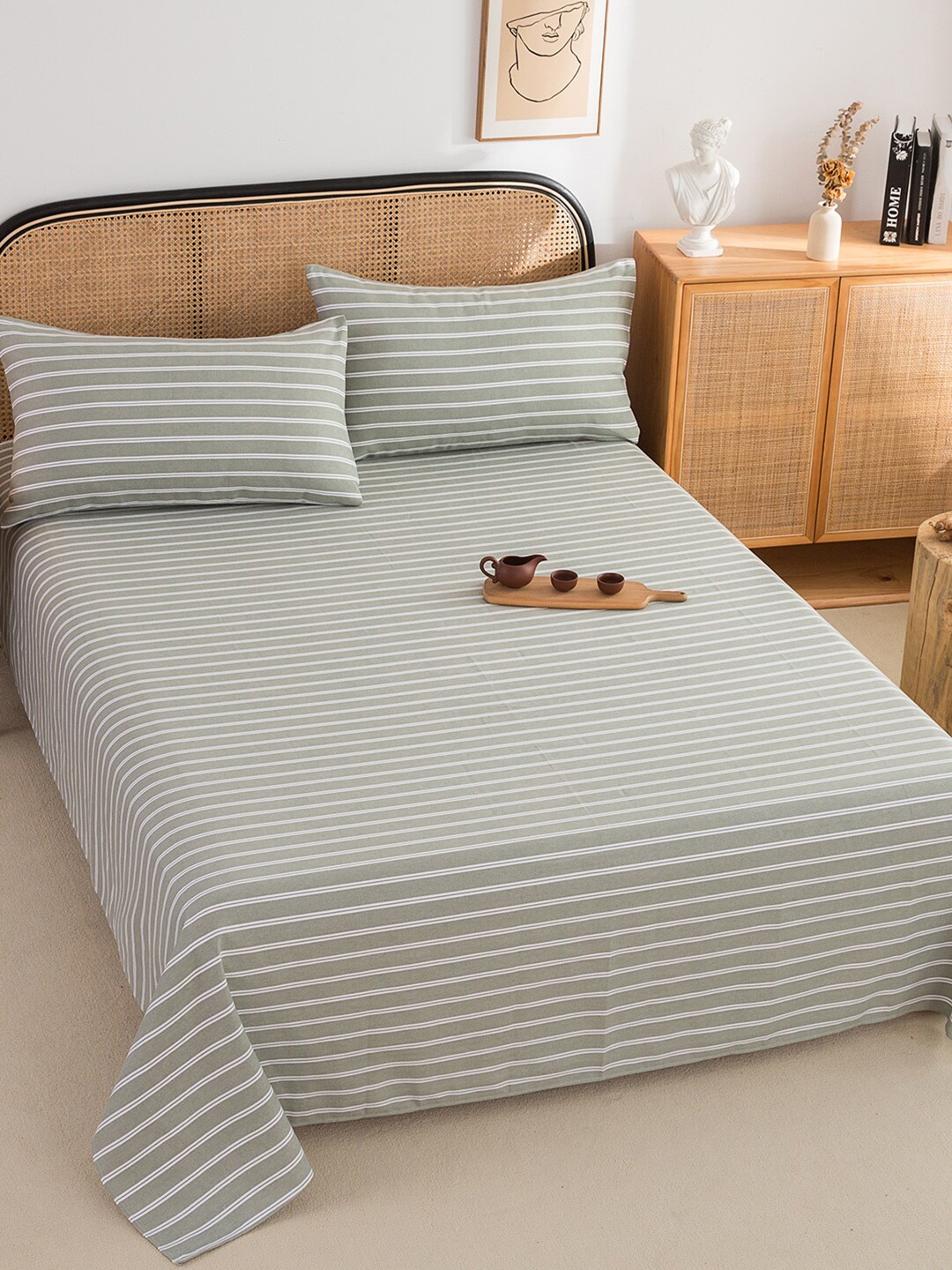 

JC HOME Grey & White Striped 220 TC Pure Cotton Single Bedsheet with 2 Pillow Covers