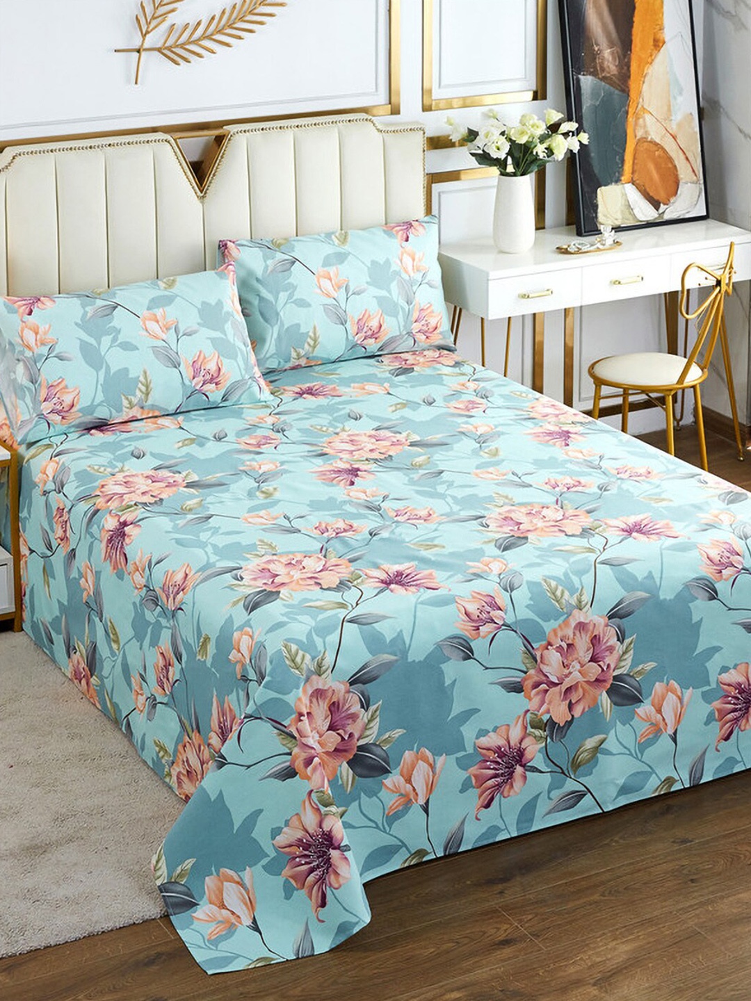 

JC Collection Blue & Orange Floral 186 TC Cotton King Bedsheet & Pillow Covers