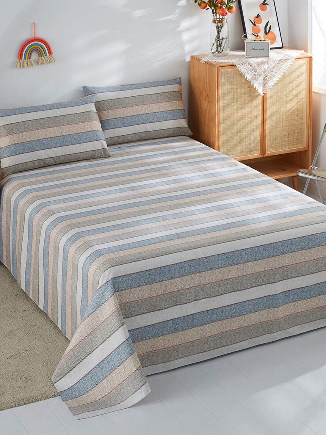

JC HOME Grey & Blue Striped 186 TC Pure Cotton Queen Bedsheet With 2 Pillow Covers