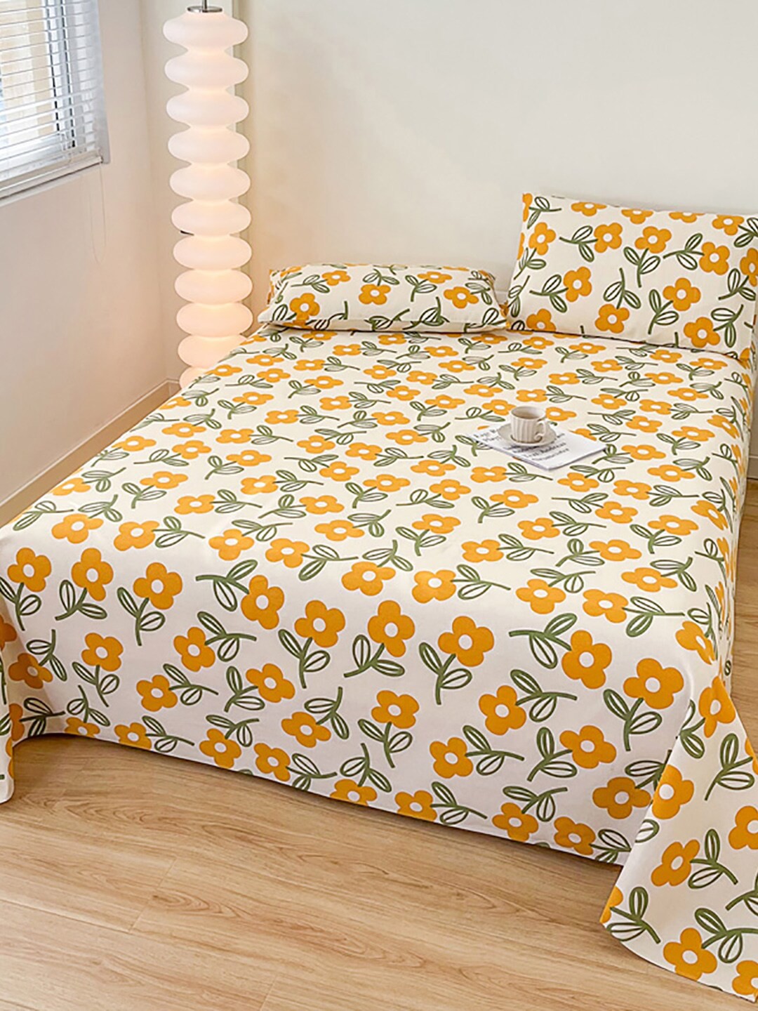 

JC HOME White & Yellow Floral Printed 186 TC Cotton Queen Bedsheet & Pillow Covers