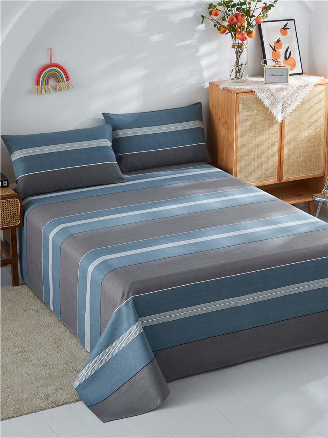 

JC HOME Blue & Grey Striped 186 TC Cotton King Bedsheet & Pillow Covers