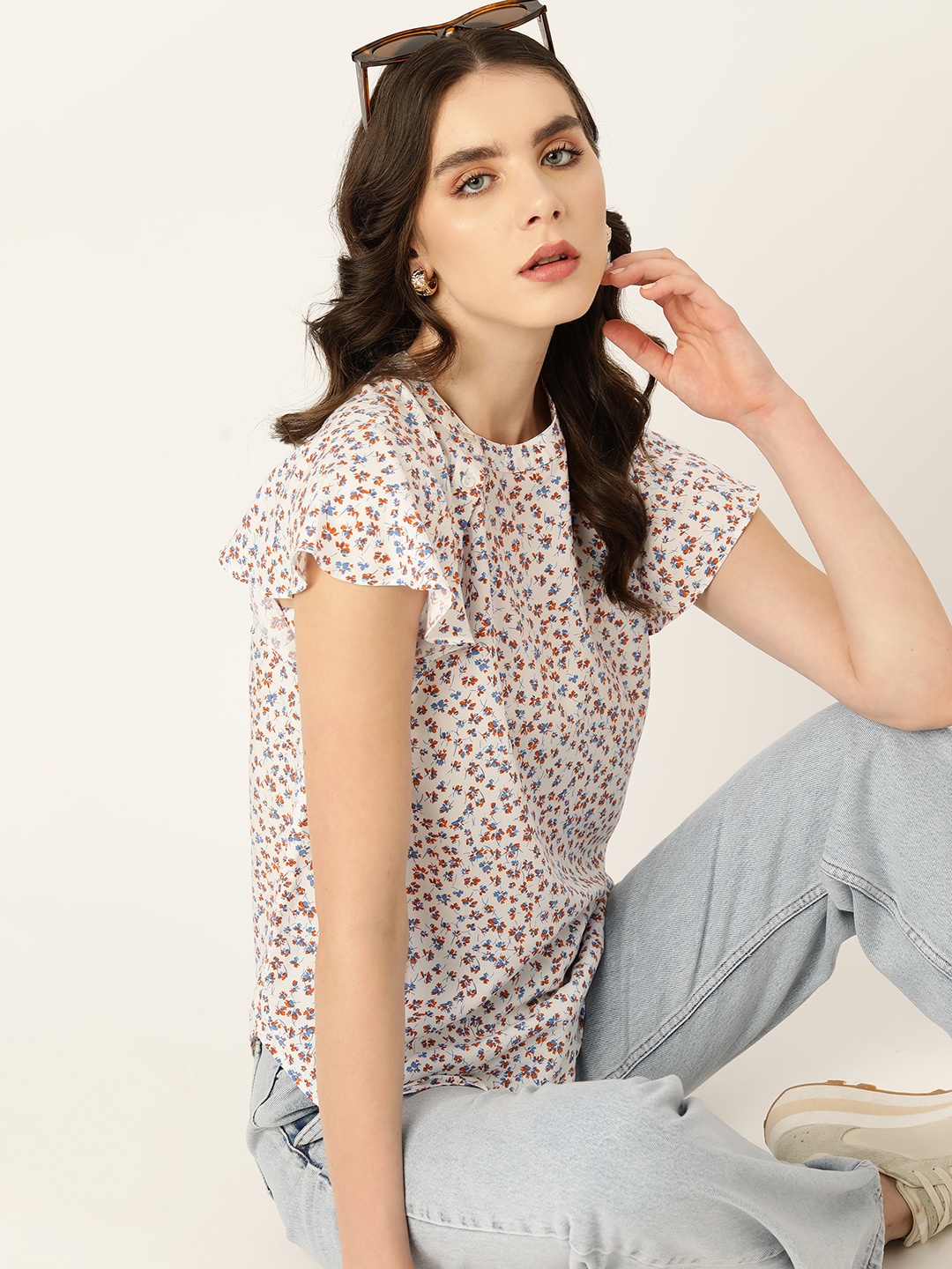 

Kook N Keech Floral Print Flutter Sleeve Top, Off white