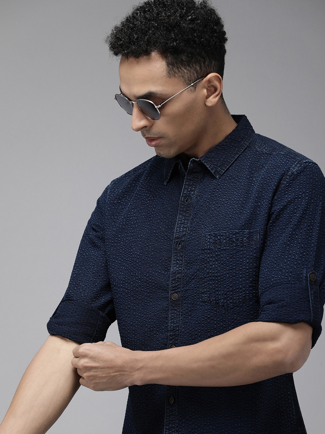 

The Roadster Life Co. Popcorn Texture Casual Shirt, Navy blue