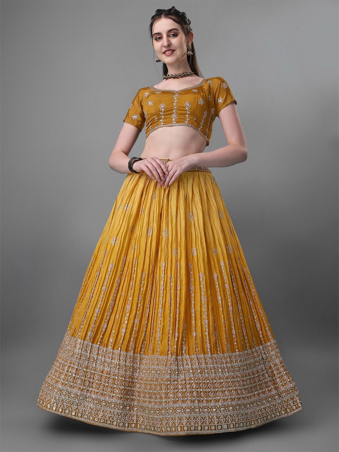 

Vaidehi Fashion Embellished Ready to Wear Lehenga & Unstitched Blouse With Dupatta, Yellow