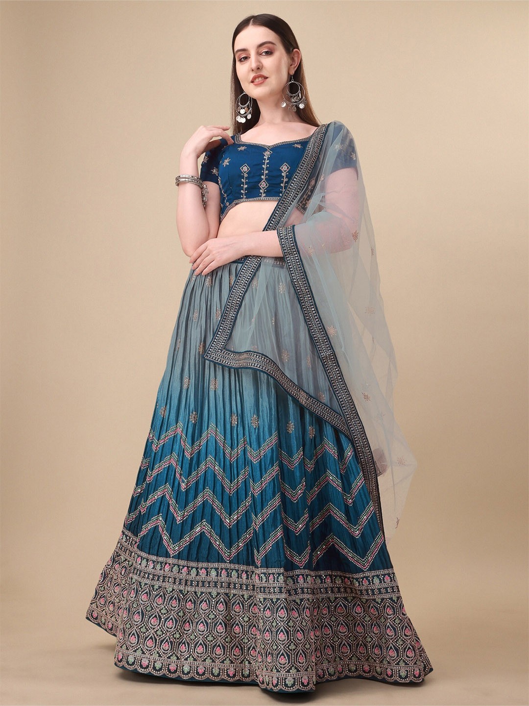 

Vaidehi Fashion Embellished Ready to Wear Lehenga & Unstitched Blouse With Dupatta, Teal