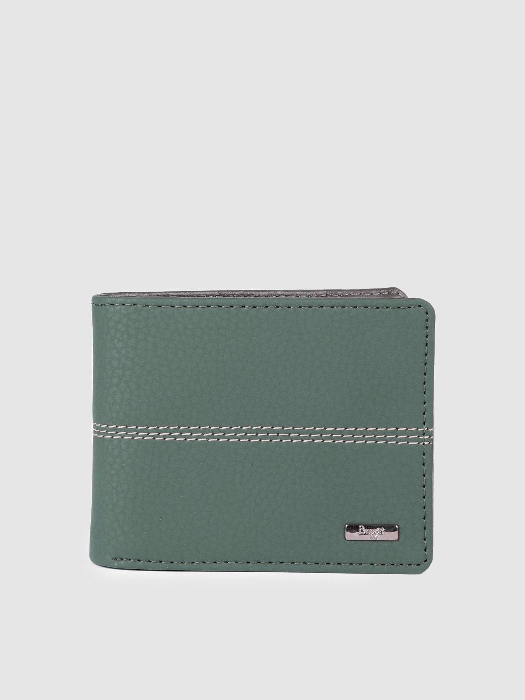 

Baggit Men Abstract Textured PU Two Fold Wallet With Thread Work Striped Detail, Green