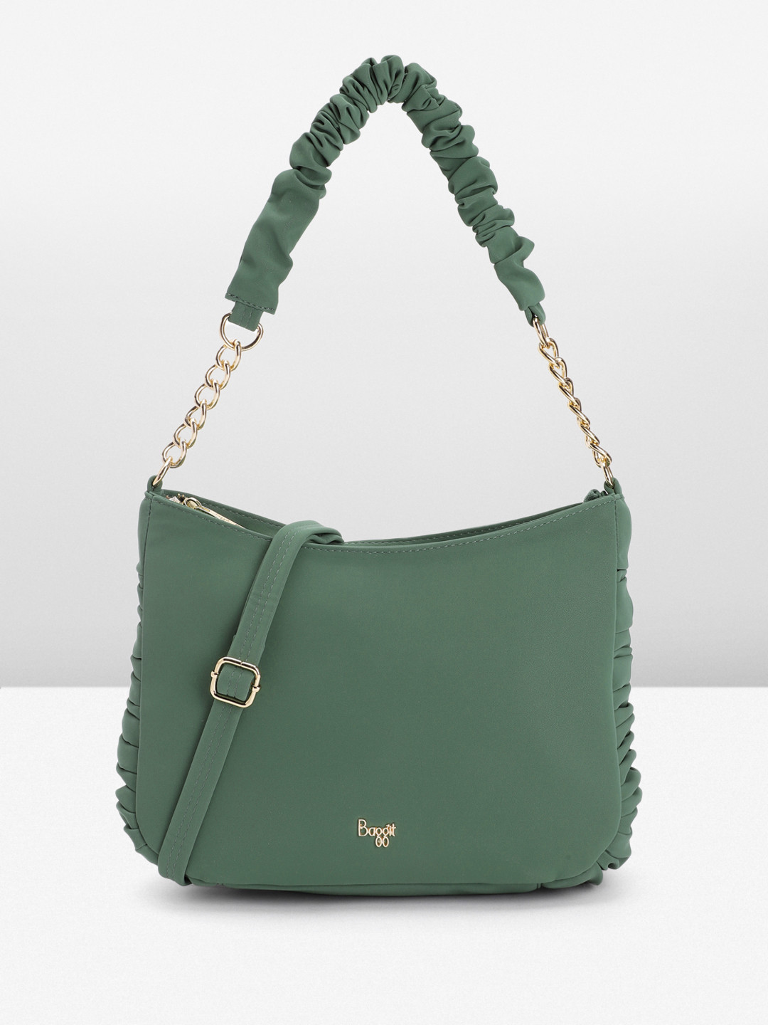 

Baggit Solid PU Structured Hobo Bag With Pleated Detail, Green