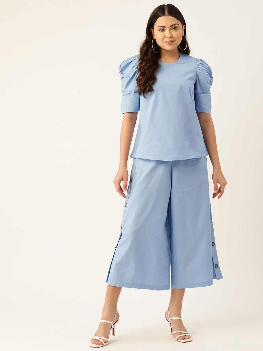 

MISRI Pure Cotton Solid Top & Trousers Co-ords, Blue