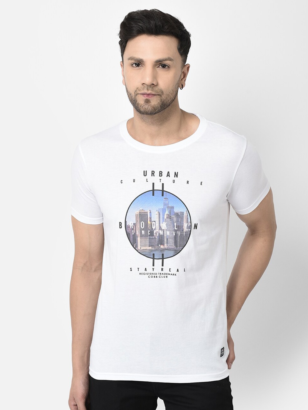 

COBB Graphic printed Round Neck Cotton T-shirt, White