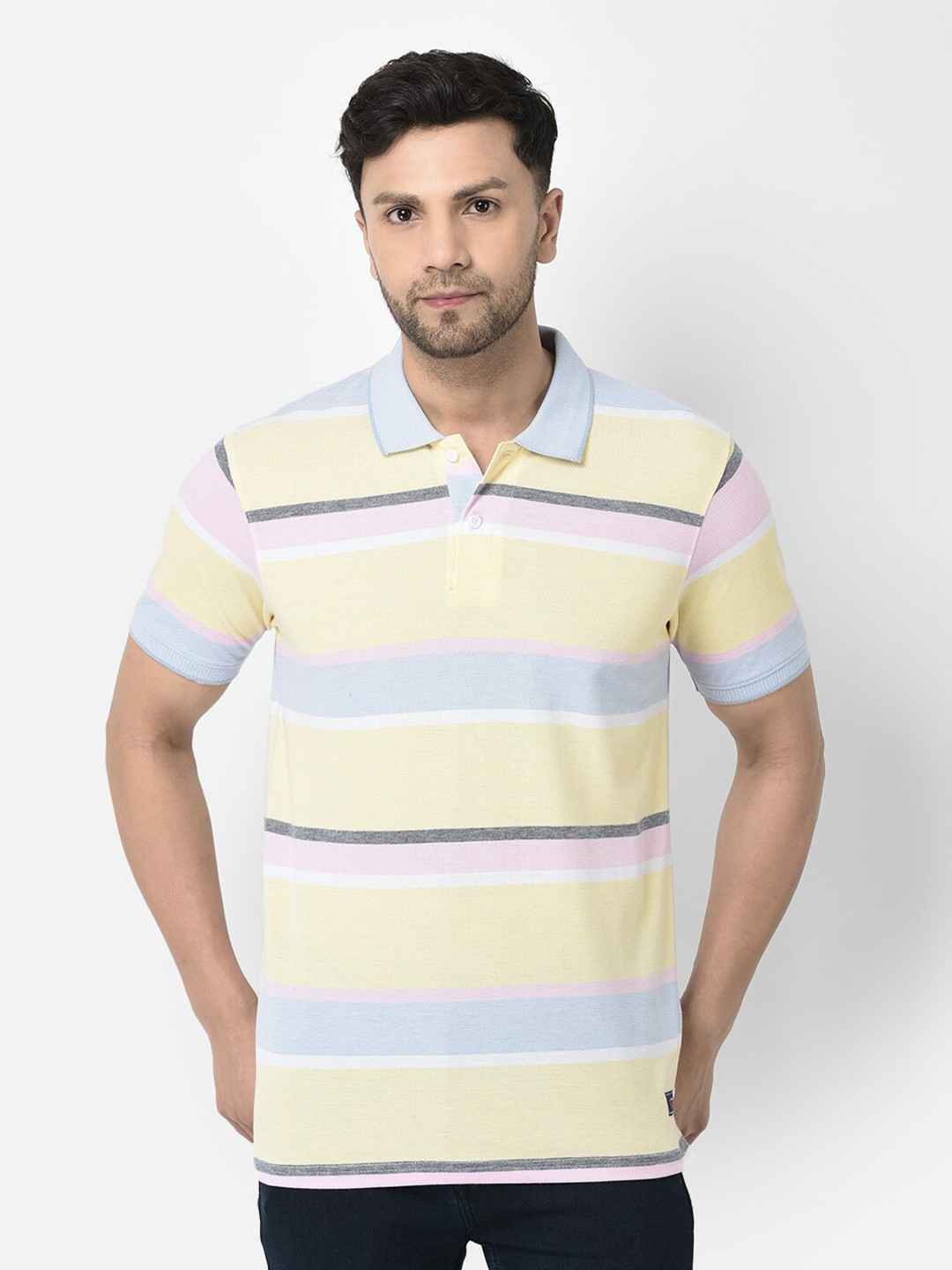 

COBB Striped Polo collar Cotton T-shirt, Yellow