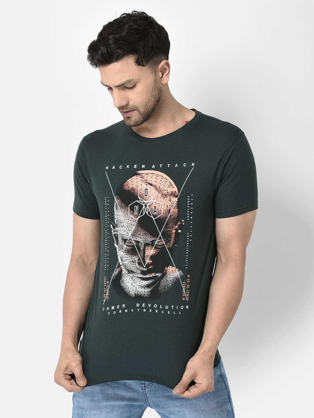 

COBB Graphic Printed Round Neck Cotton T-shirt, Olive