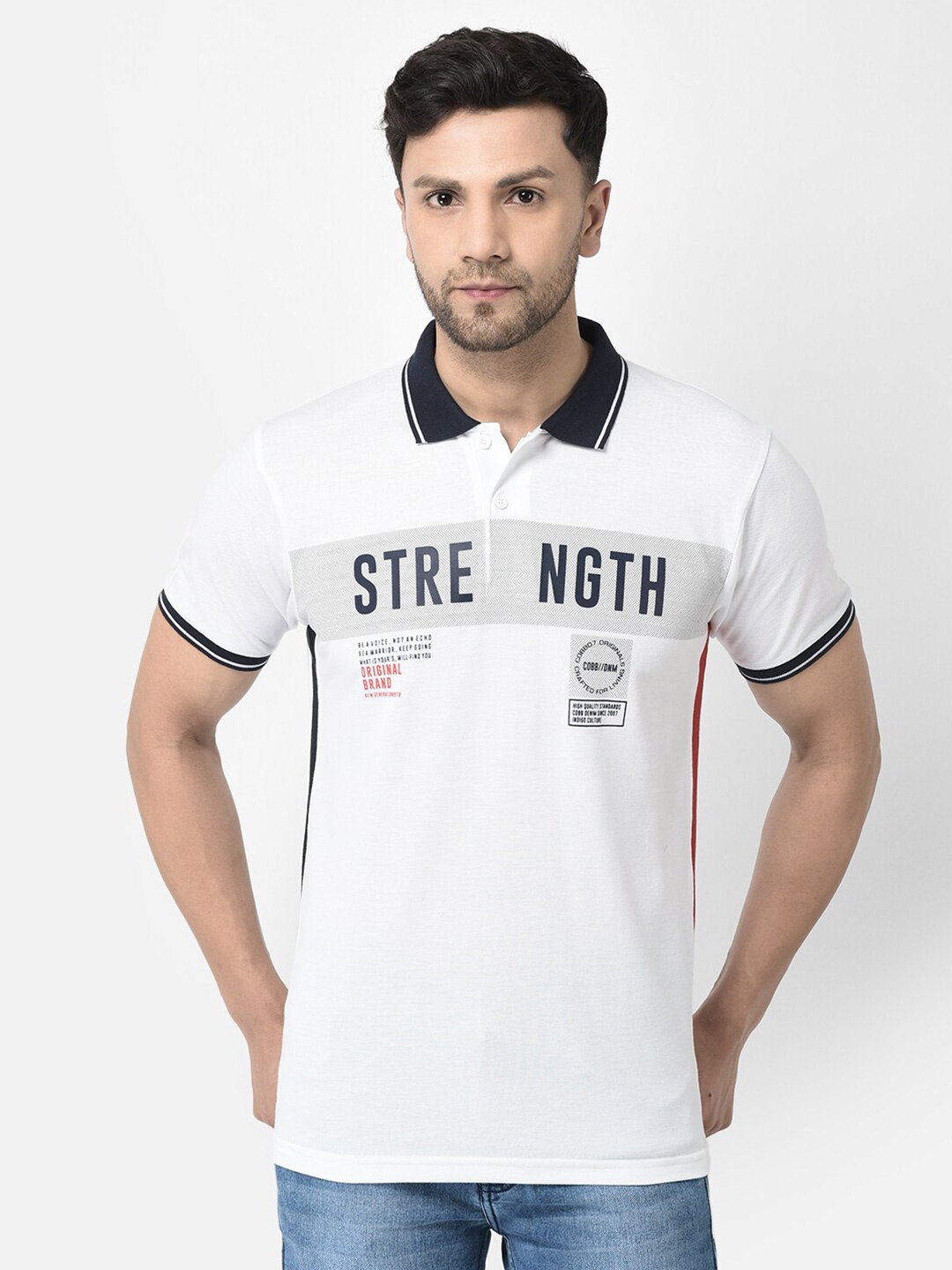 

COBB Typography Printed Contrast Trim Polo Collar Cotton T-shirt, White
