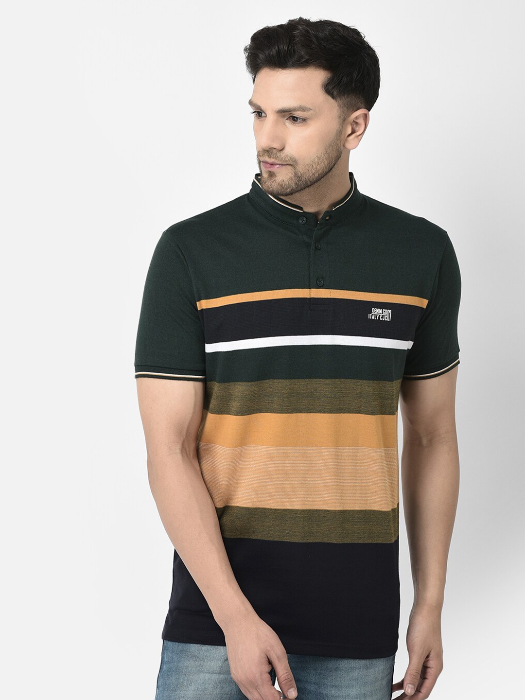 

COBB Striped Polo Collar Cotton T-shirt, Olive