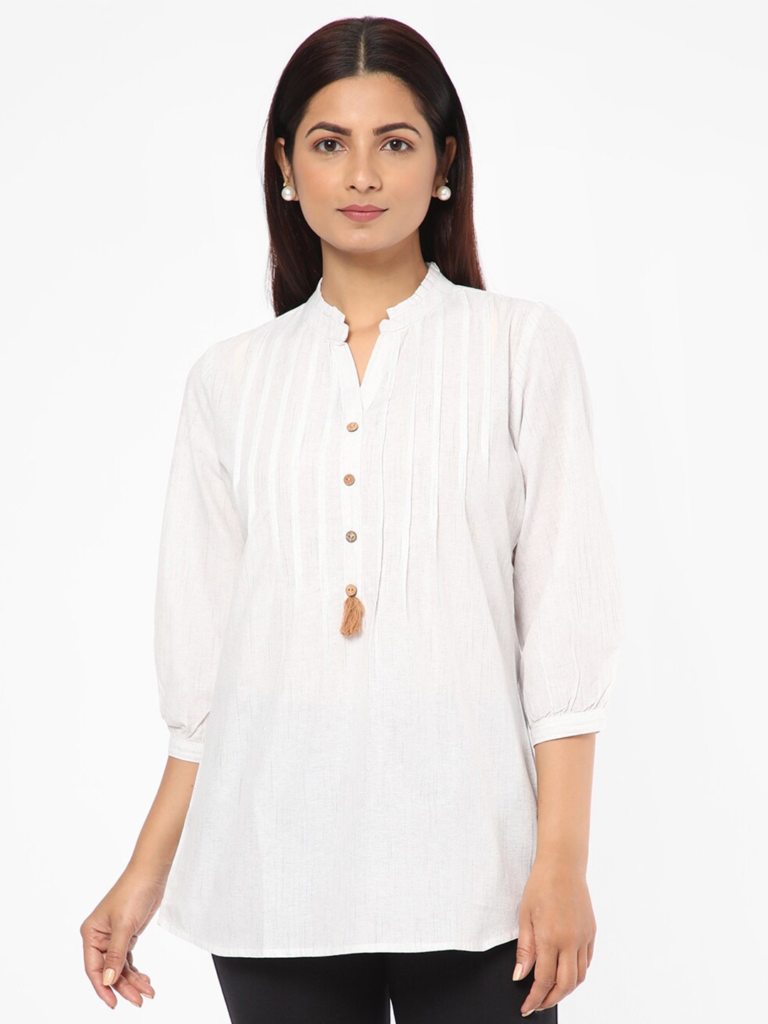 

R&B Mandarin Collar Puff Sleeves Tunic, White