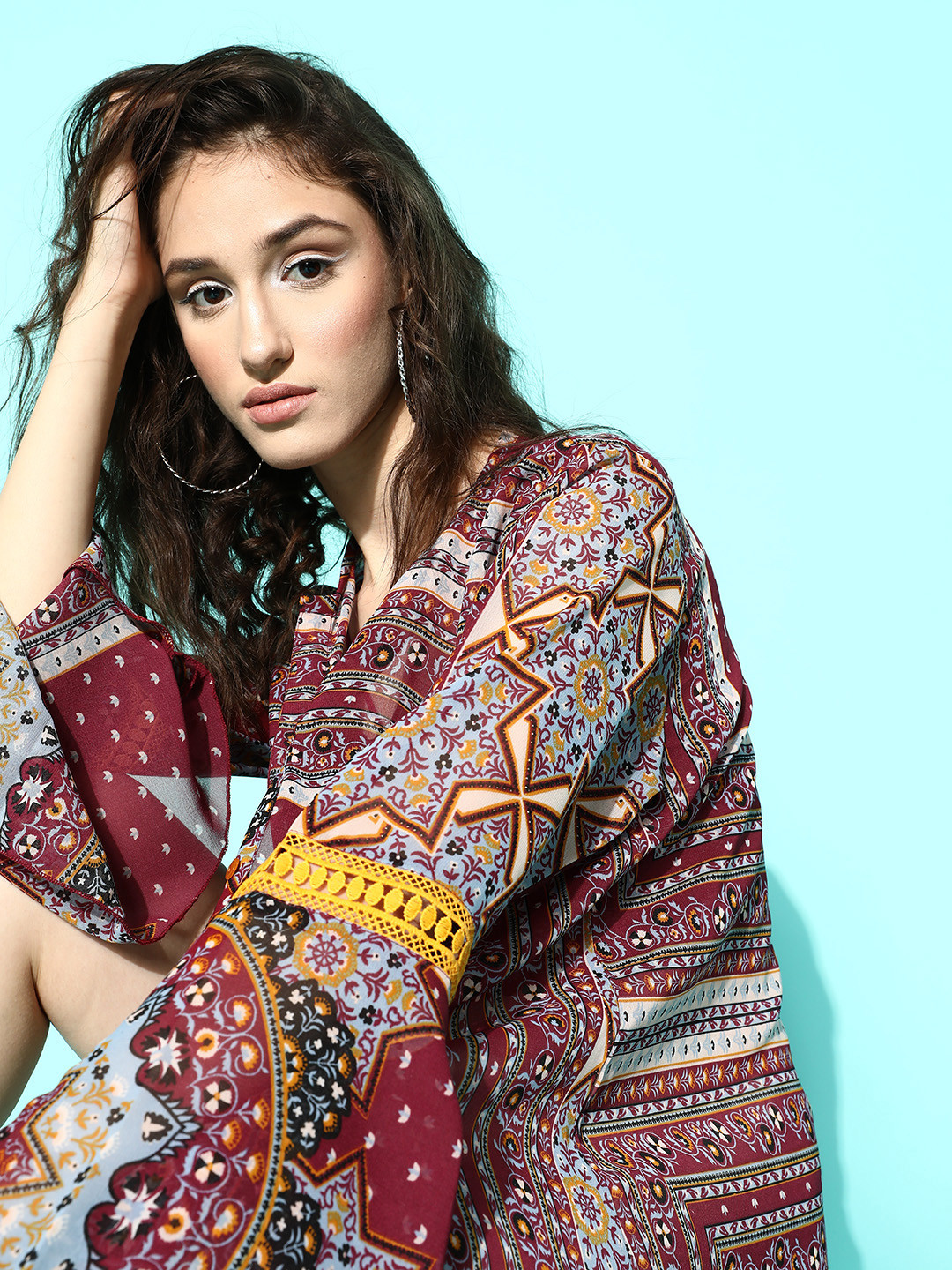 

Secret Wish Brown Ethnic Print Bell Sleeves Swimwear Cover Up Dress