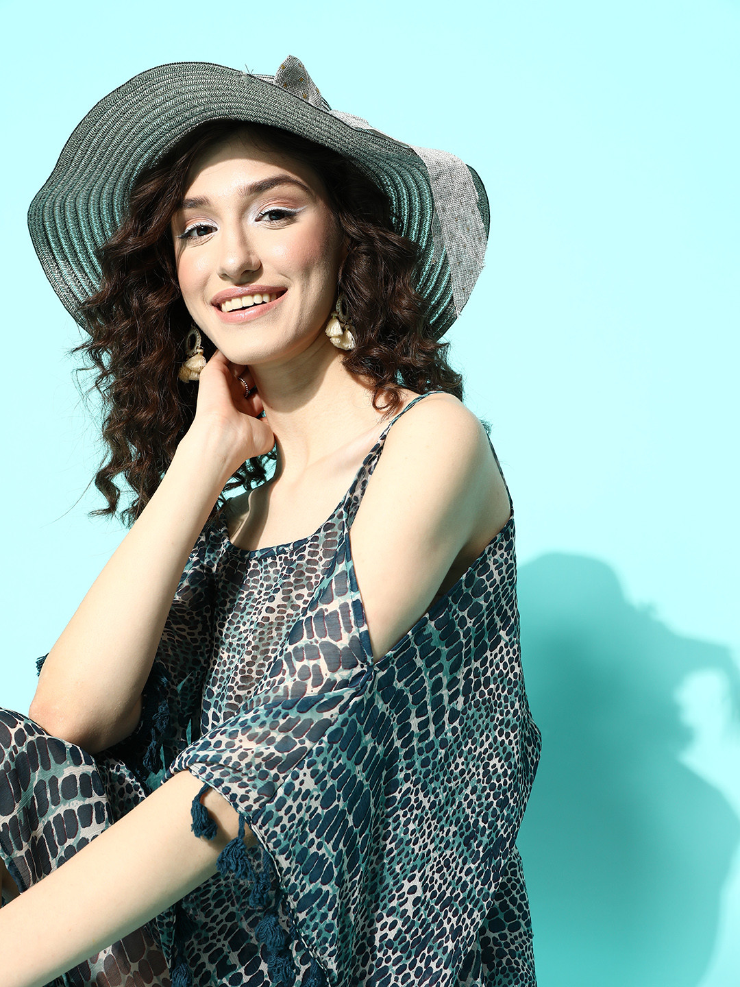 

Secret Wish Teal Animal Print Cold-Shoulder Sleeves Kaftan Swimwear Cover Up