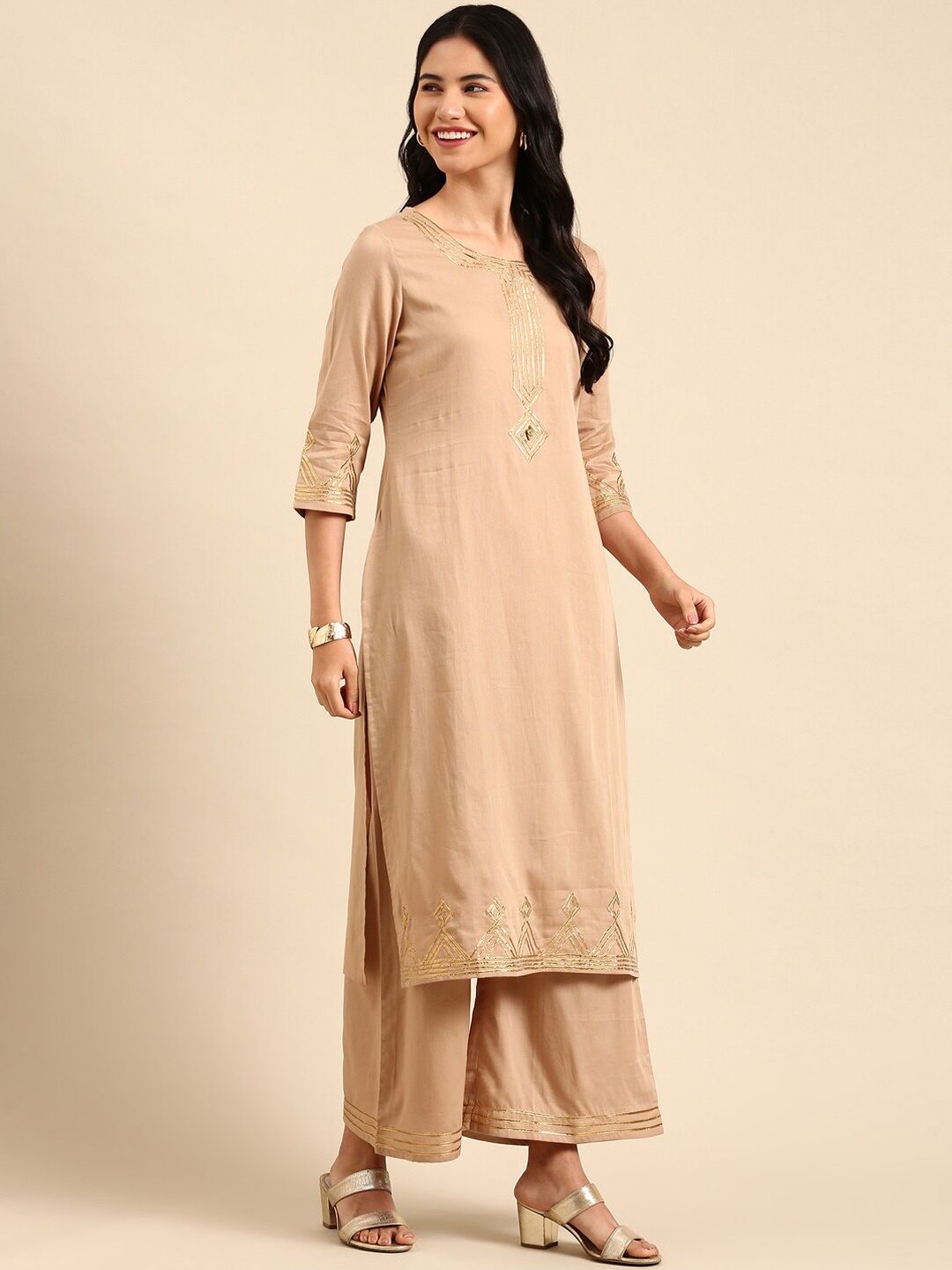 

SHOWOFF Gotta Patti Straight Kurta With Palazzos & Dupatta, Khaki