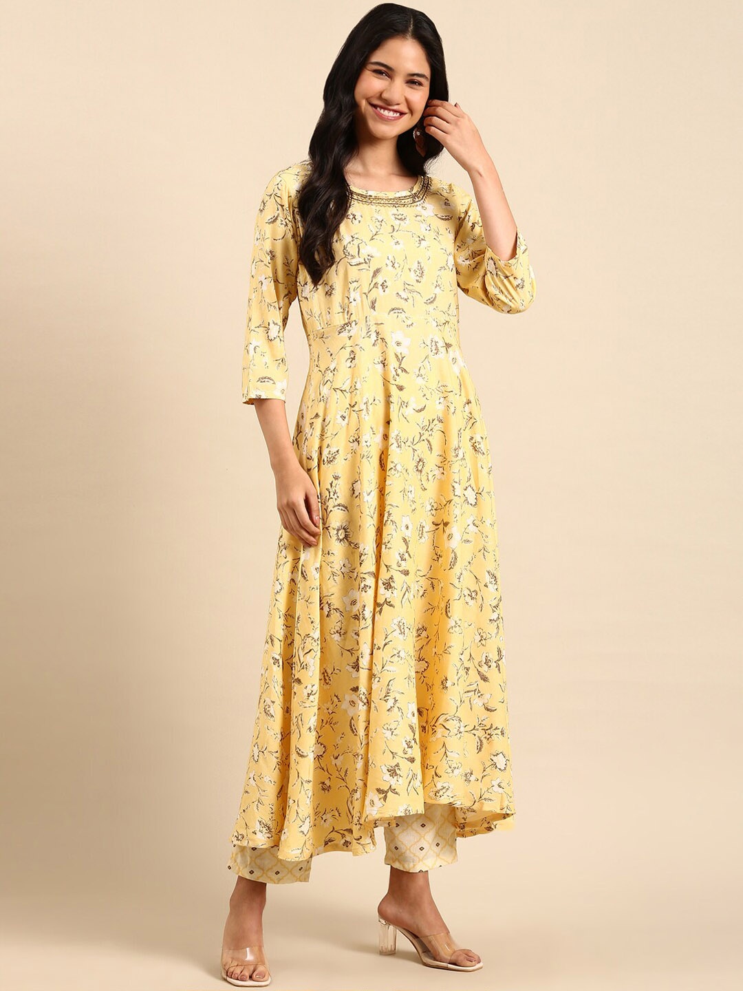 

SHOWOFF Floral Printed Beads and Stones Anarkali Kurta with Trousers & Dupatta, Yellow