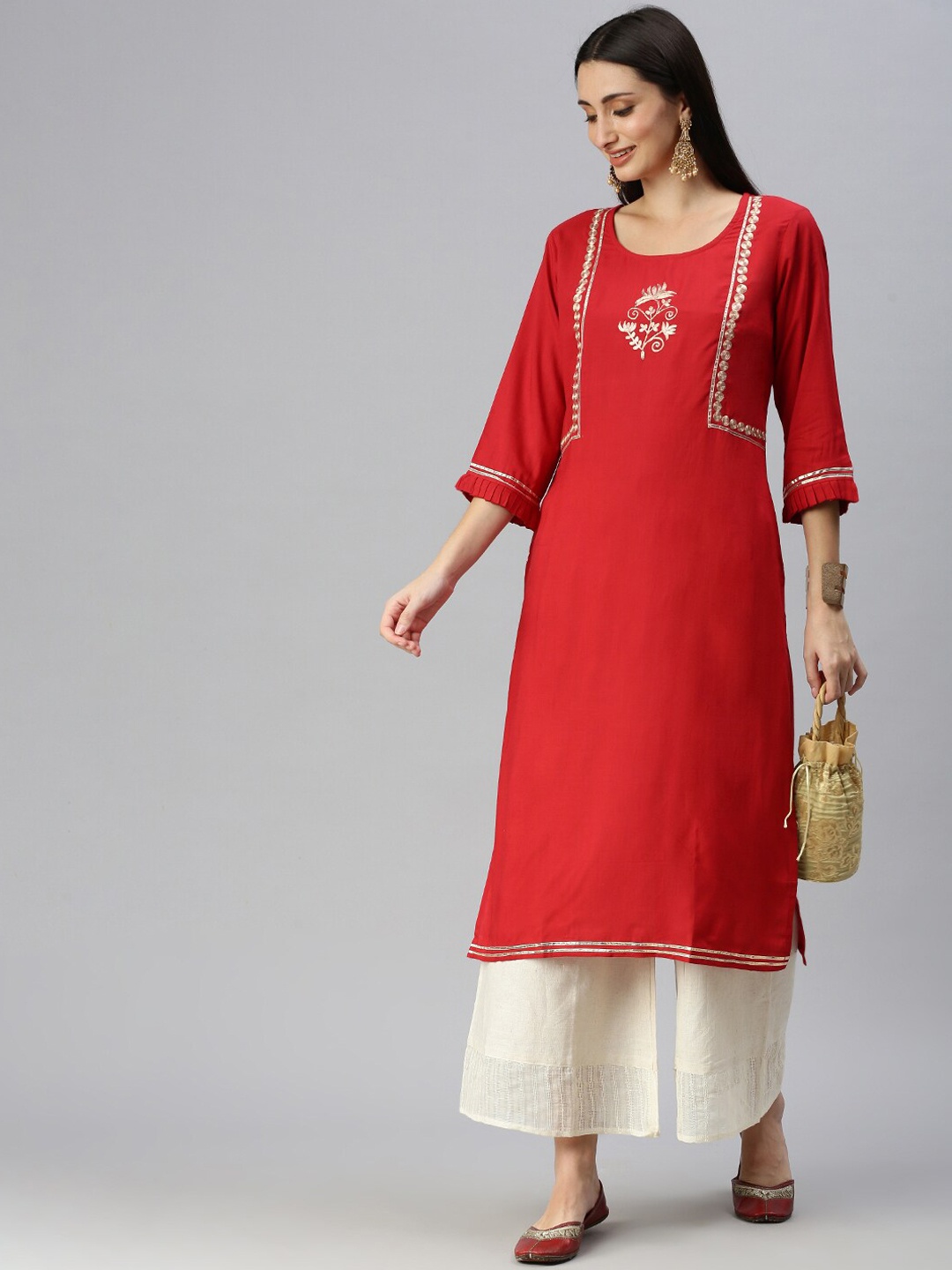 

SHOWOFF Ethnic Yoke Design Zari Detail Kurta with Palazzos, Red