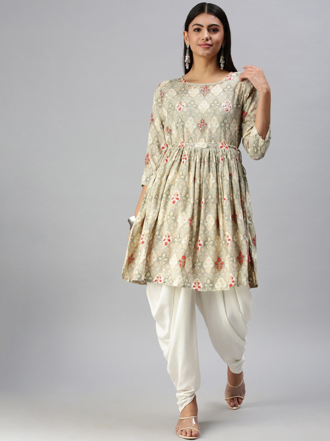 

SHOWOFF Ethnic Motifs Printed Beads & Stones Empire Kurti With Dhoti Pants, Grey