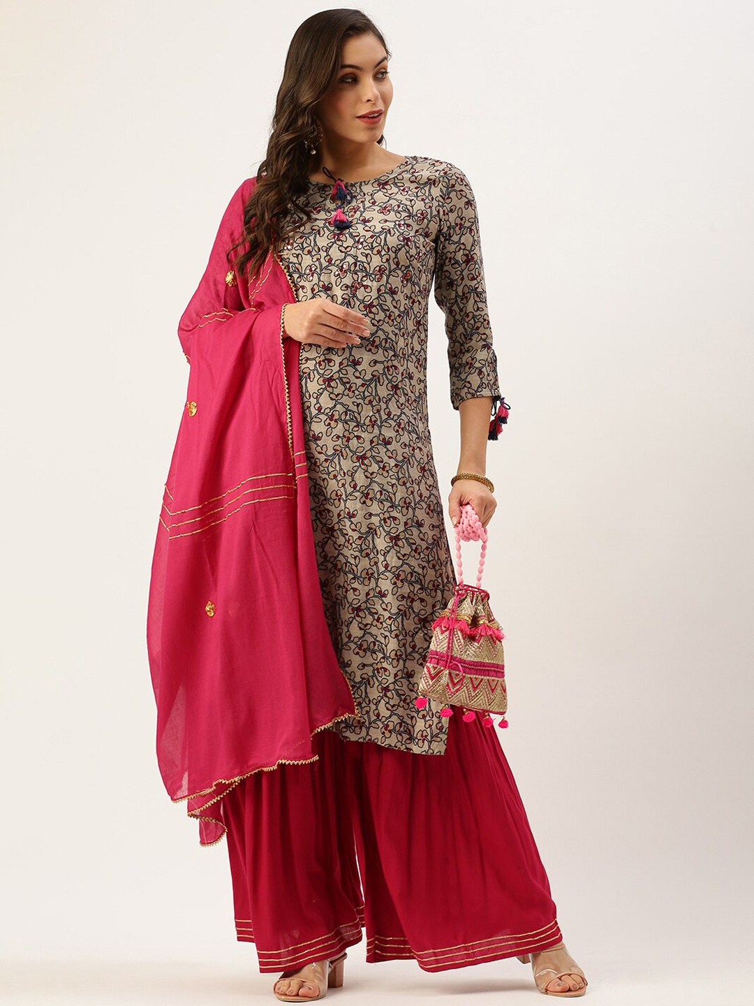 

SHOWOFF Floral Printed Mirror Work Kurta with Sharara & Dupatta, Beige