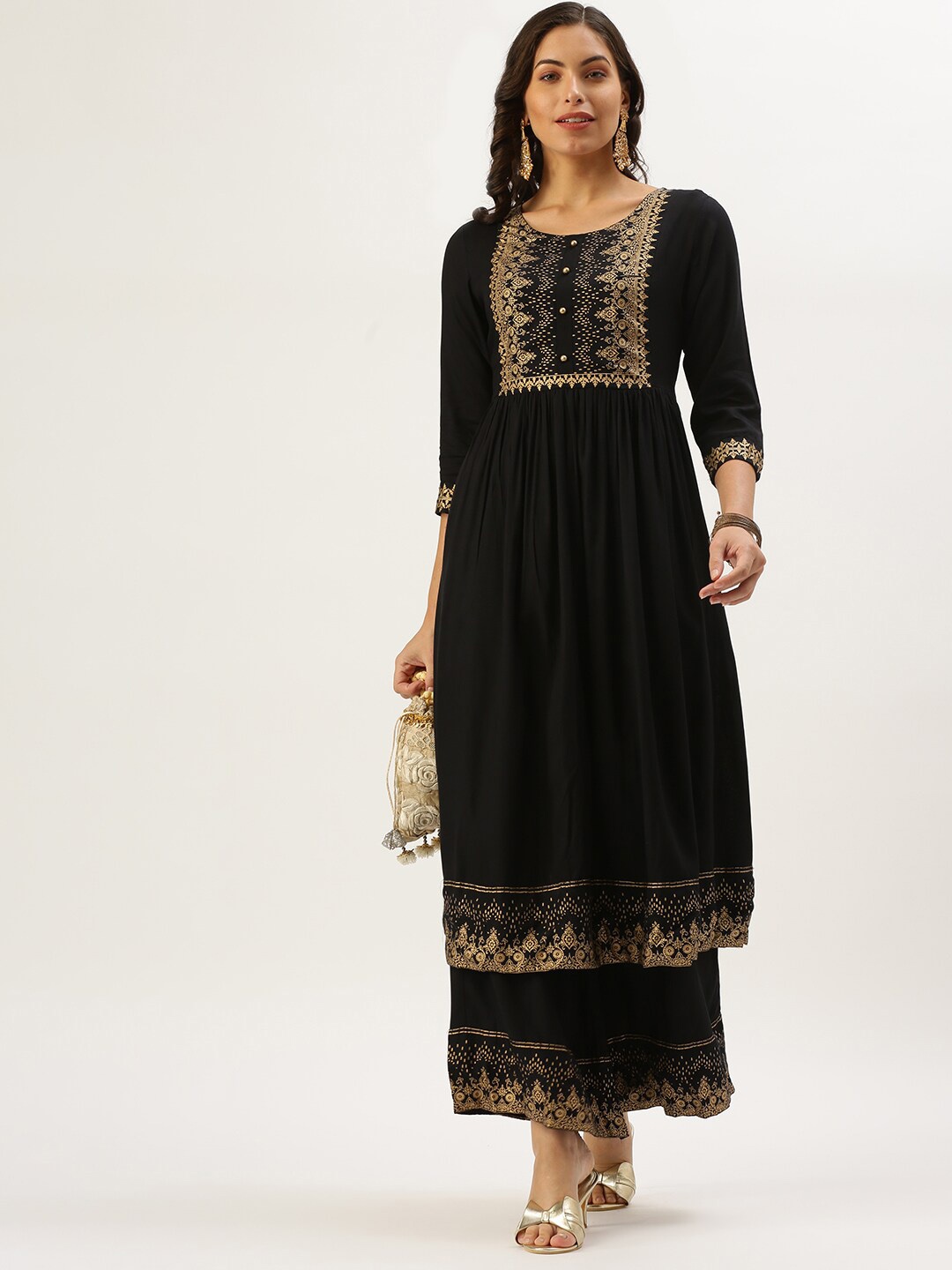 

SHOWOFF Ethnic Motifs Foil Printed Pleated A-Line Kurta with Palazzos, Black