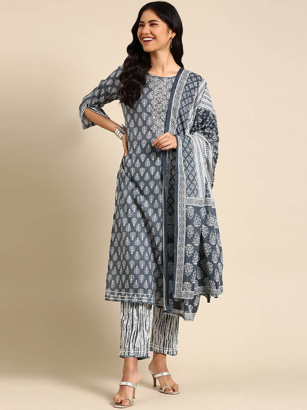 

SHOWOFF Ethnic Motifs Printed Mirror Work Block Print Kurta with Trousers & Dupatta, Grey