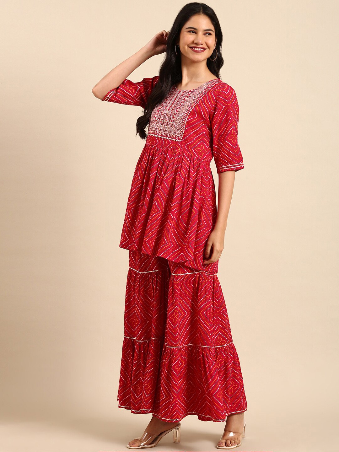 

SHOWOFF Bandhani Printed Gotta Patti Sequined Kurti with Sharara & Dupatta, Red
