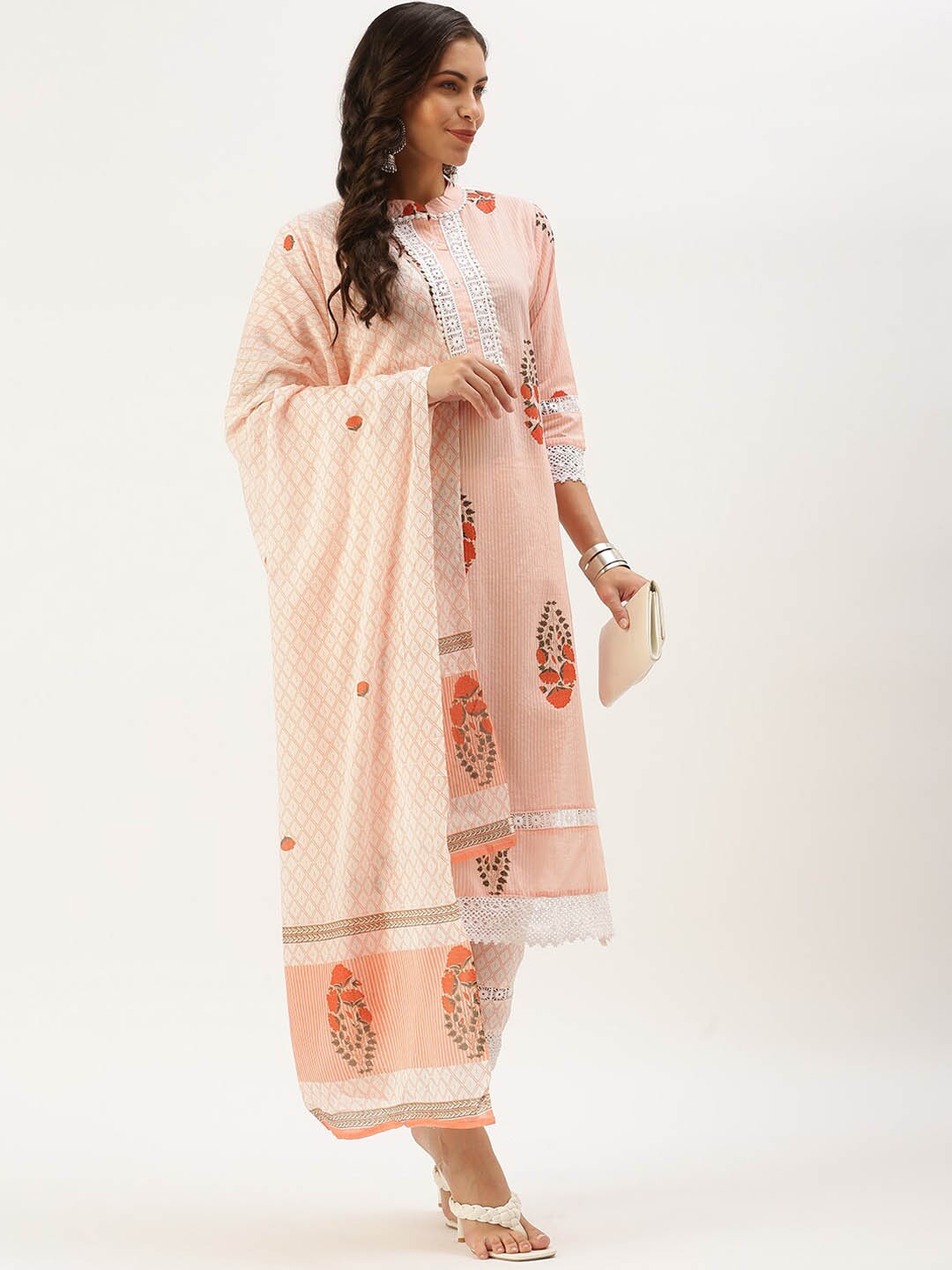 

SHOWOFF Floral Printed Band Collar Foil Straight Kurta With Trousers & Dupatta, Peach