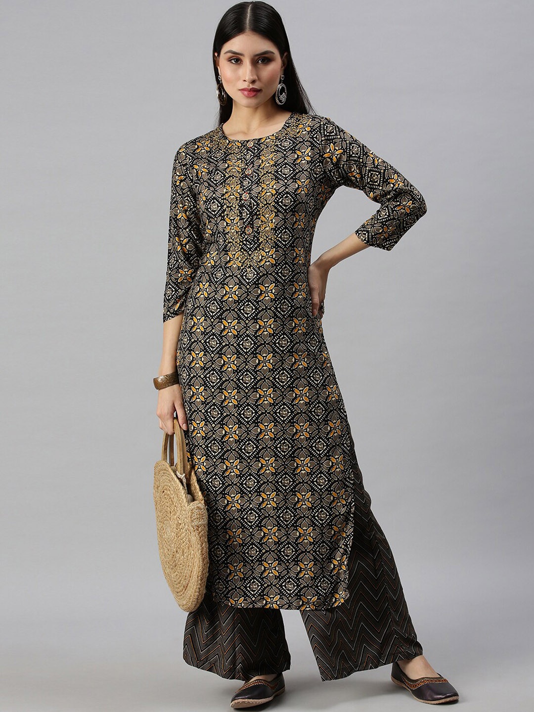 

SHOWOFF Ethnic Motifs Printed Sequinned Kurta with Palazzos, Black