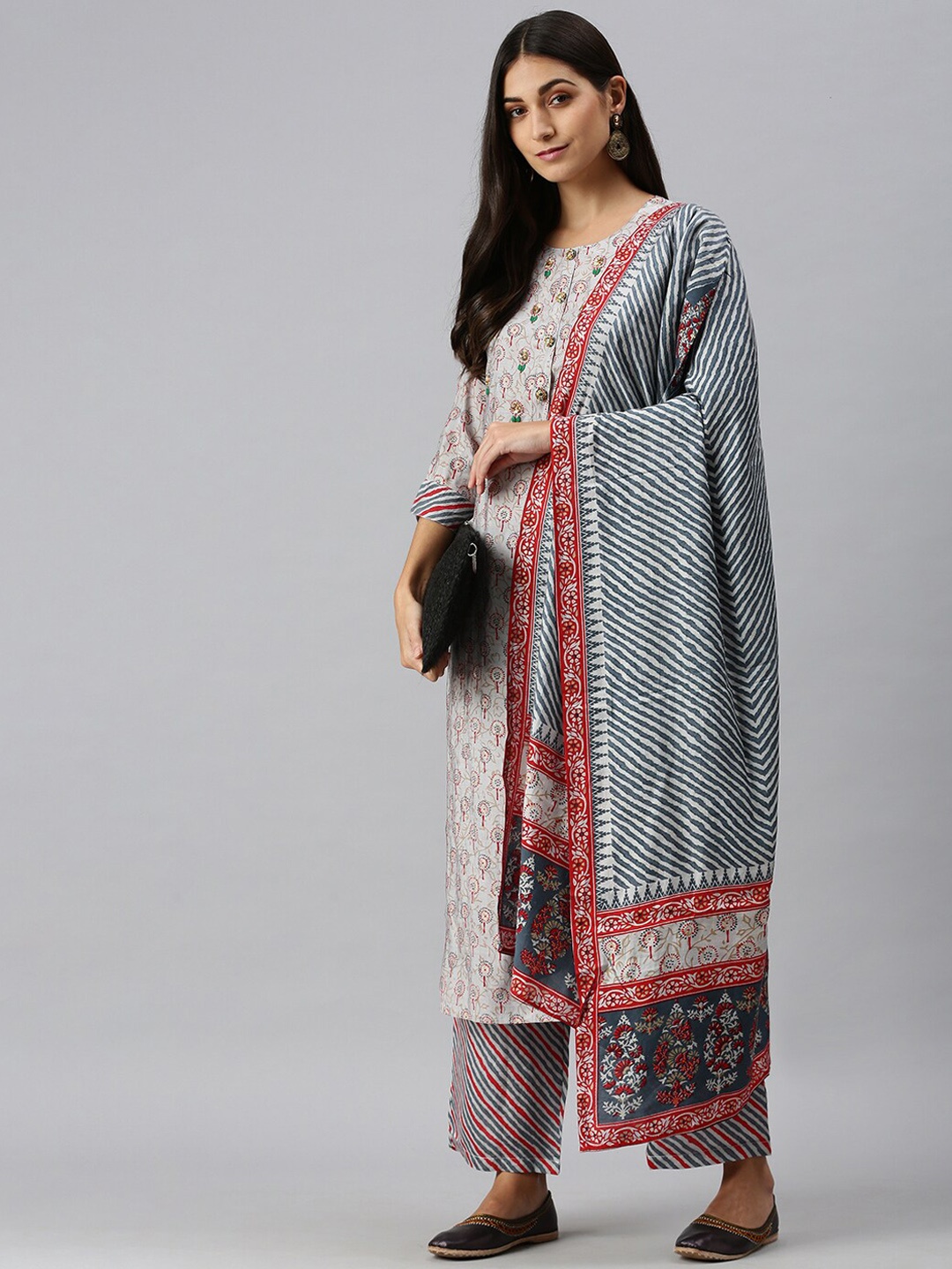 

SHOWOFF Floral Printed Sequinned Kurta with Trousers & Dupatta, Grey