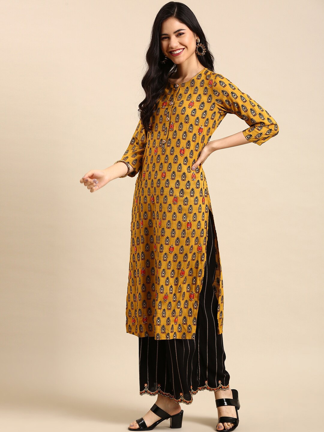 

SHOWOFF Ethnic Motifs Printed Thread Work Straight Kurta With Palazzos & Dupatta, Mustard