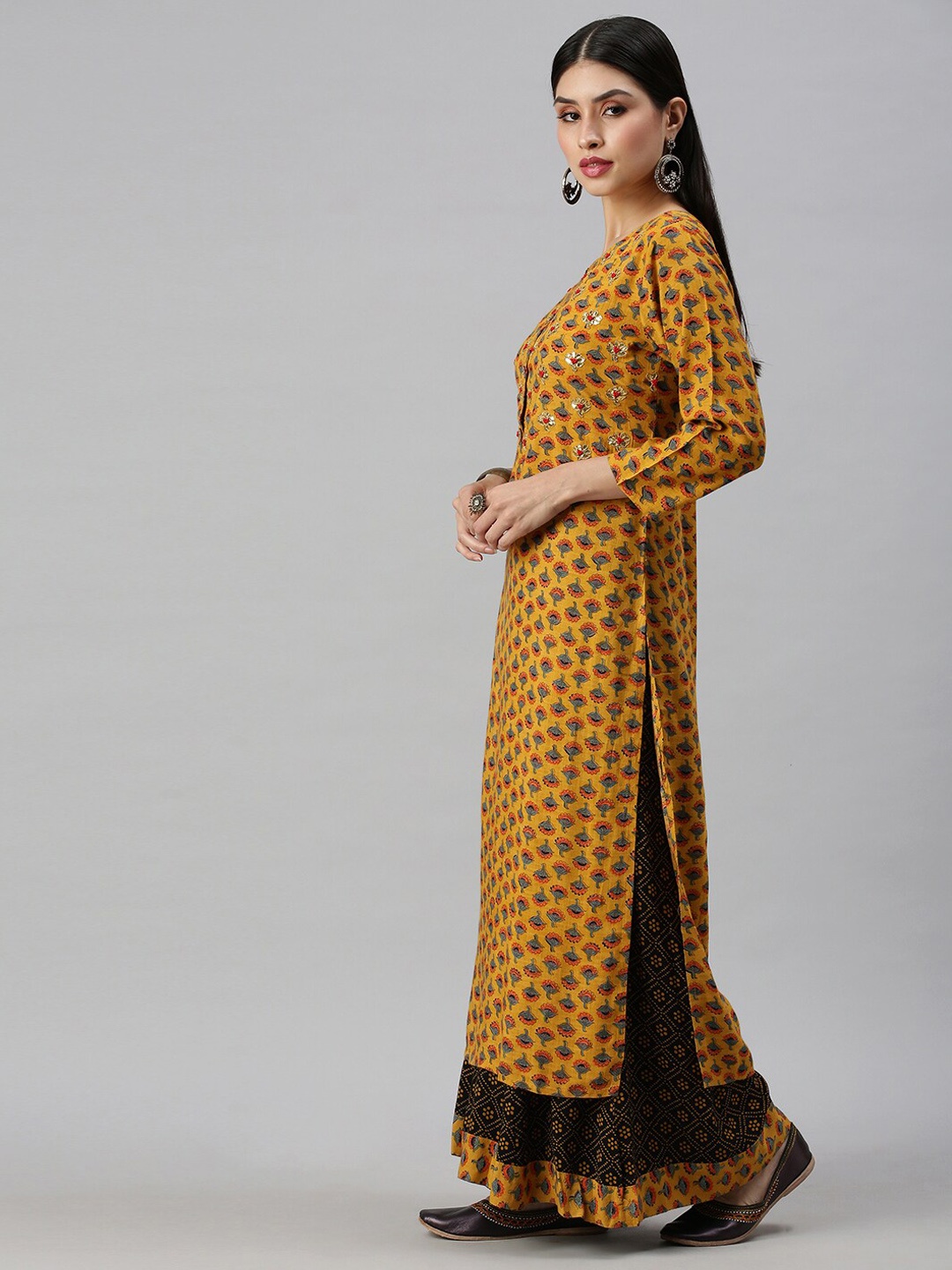 

SHOWOFF Ethnic Motifs Printed Gotta Patti Kurta with Sharara, Mustard