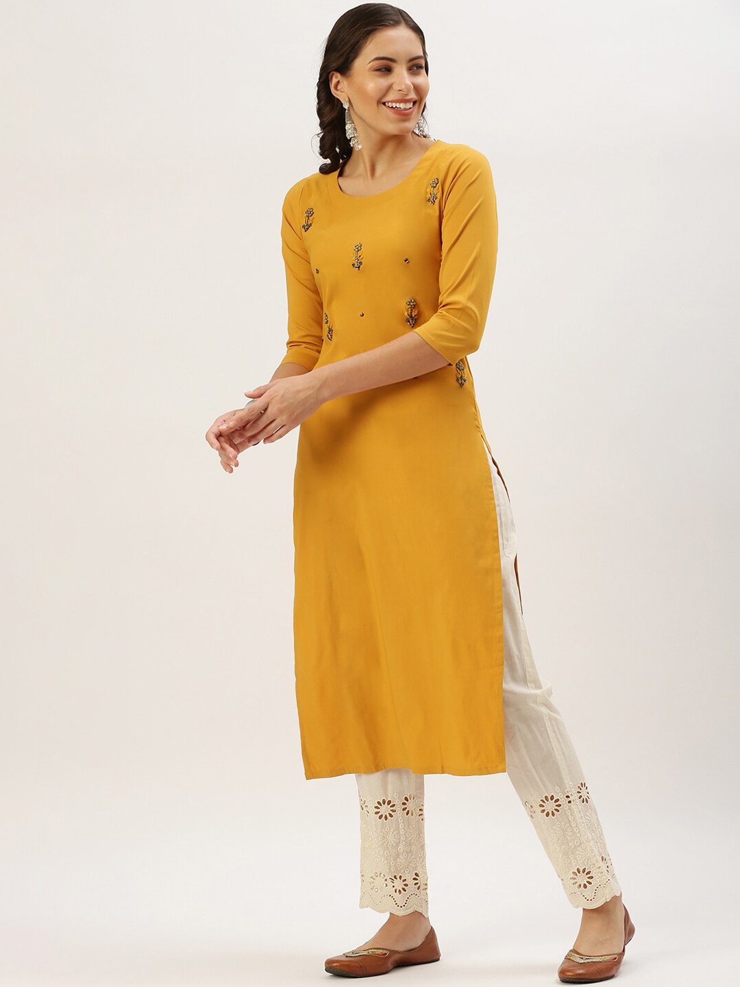 

SHOWOFF Floral Embroidered Beads & Stones Kurta with Trousers, Mustard