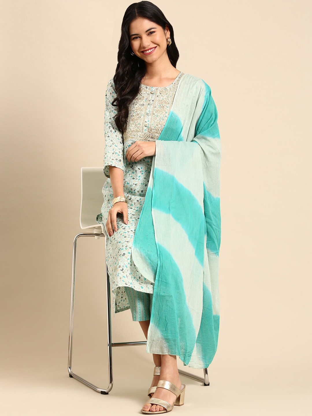 

SHOWOFF Ethnic Printed Sequined Zari Chanderi Cotton Kurta with Trousers & Dupatta, Sea green